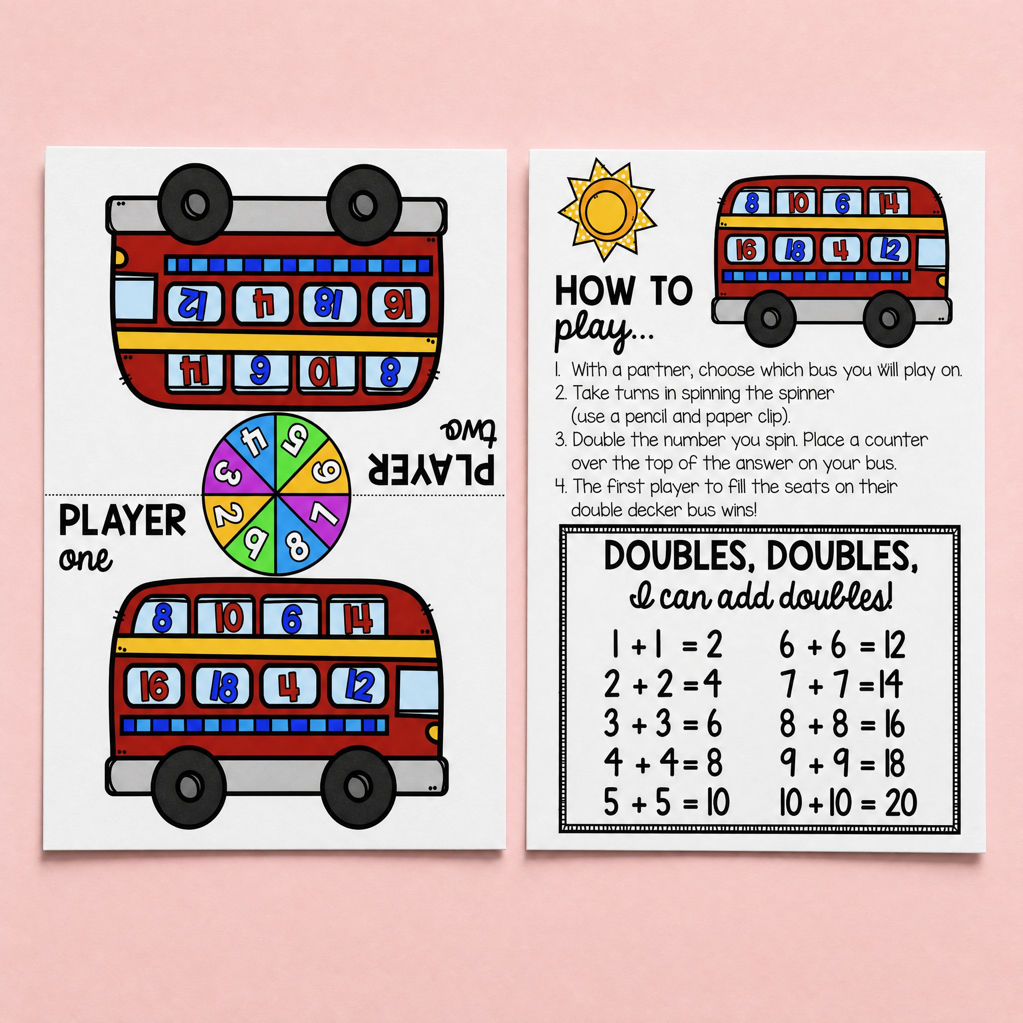 Printable doubles maths game with double-decker buses, a spinner activity and doubles facts practice for early years and primary students.
