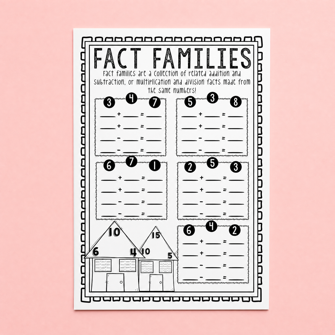 Black-and-white printable worksheet titled 'Fact Families' with sections for addition and subtraction problems using related numbers. The worksheet includes multiple sets of numbers (e.g., 3, 4, 7; 6, 7, 1) and a triangle diagram at the bottom with houses to visualise the relationship between numbers.