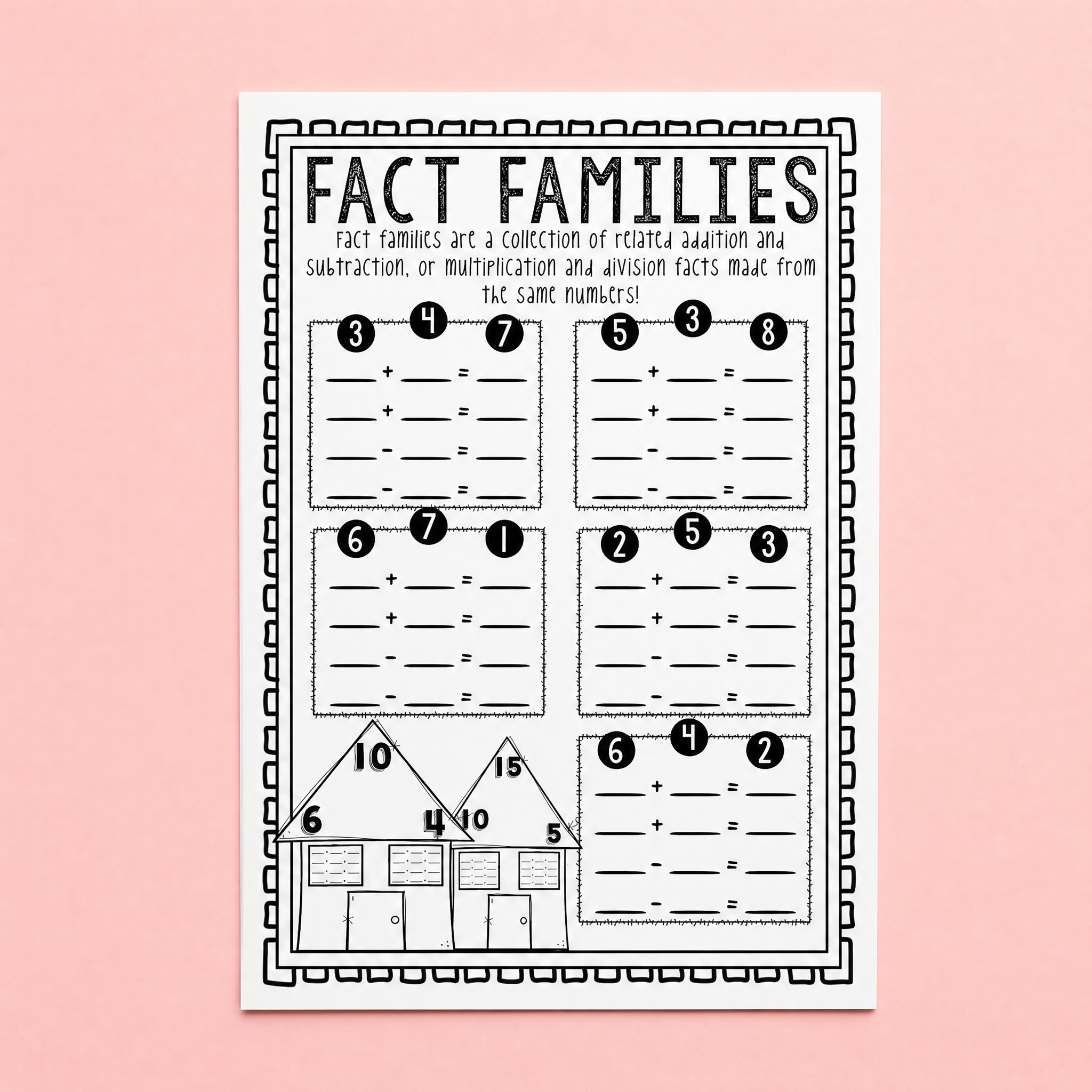 Black-and-white printable worksheet titled 'Fact Families' with sections for addition and subtraction problems using related numbers. The worksheet includes multiple sets of numbers (e.g., 3, 4, 7; 6, 7, 1) and a triangle diagram at the bottom with houses to visualise the relationship between numbers.