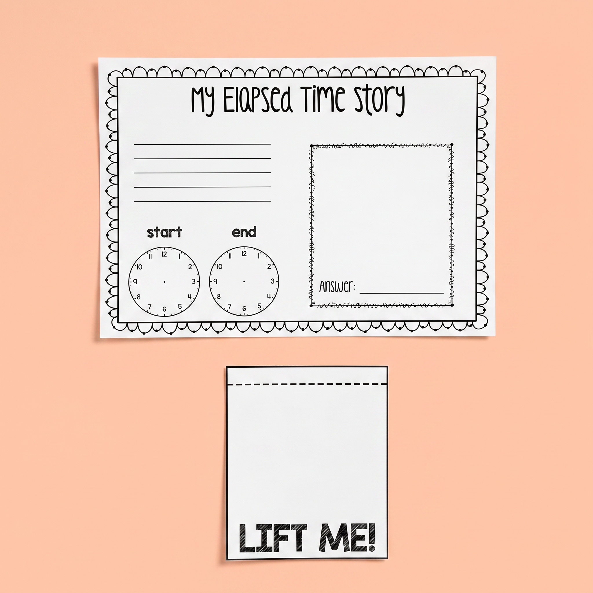 Elapsed Time Story worksheet where students create their own time problem, draw clocks, write a story and solve it.