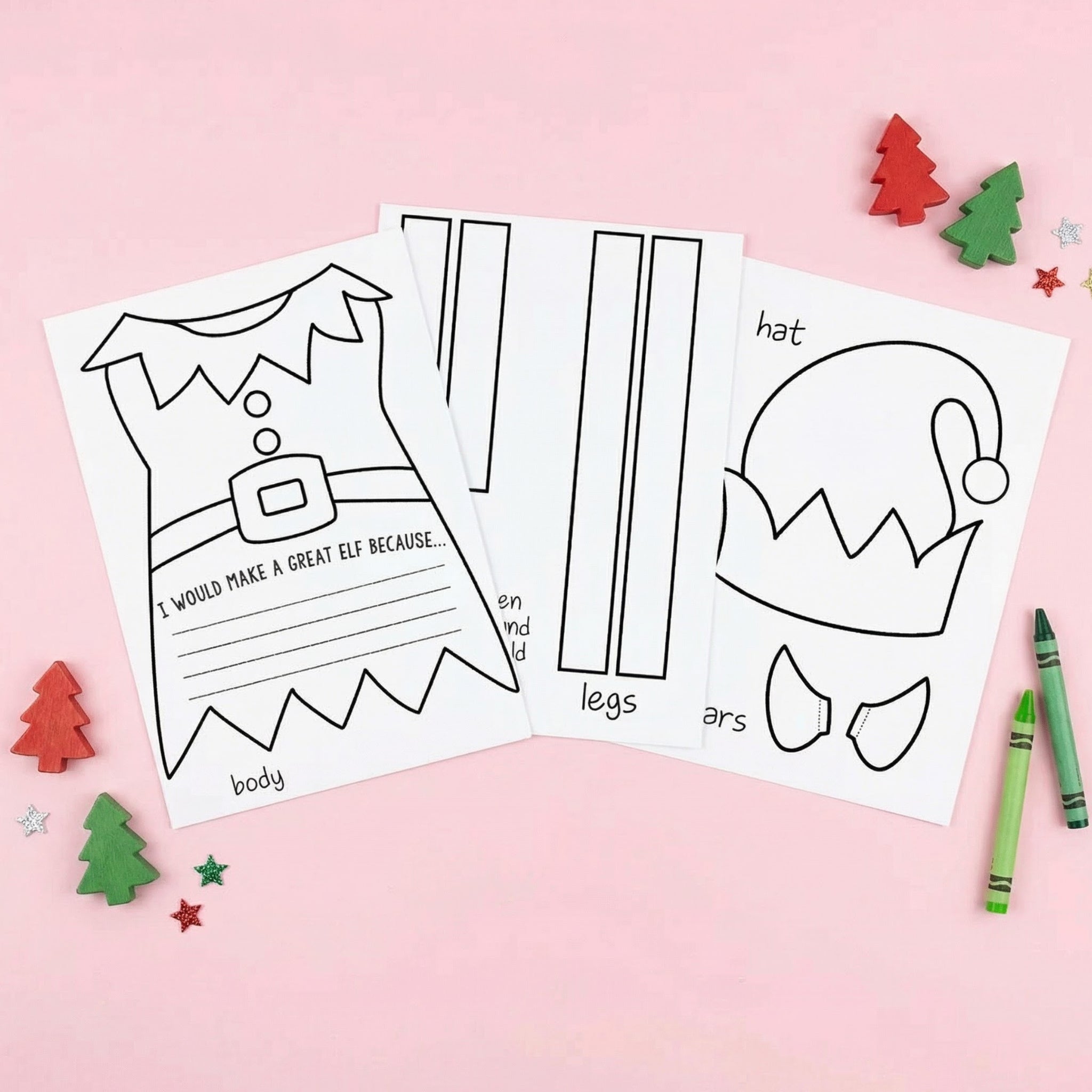 Printable Christmas elf craft activity with worksheets for the elf body, legs, hat, and ears to colour and assemble. The pages are displayed on a pink background with crayons and small Christmas tree decorations.