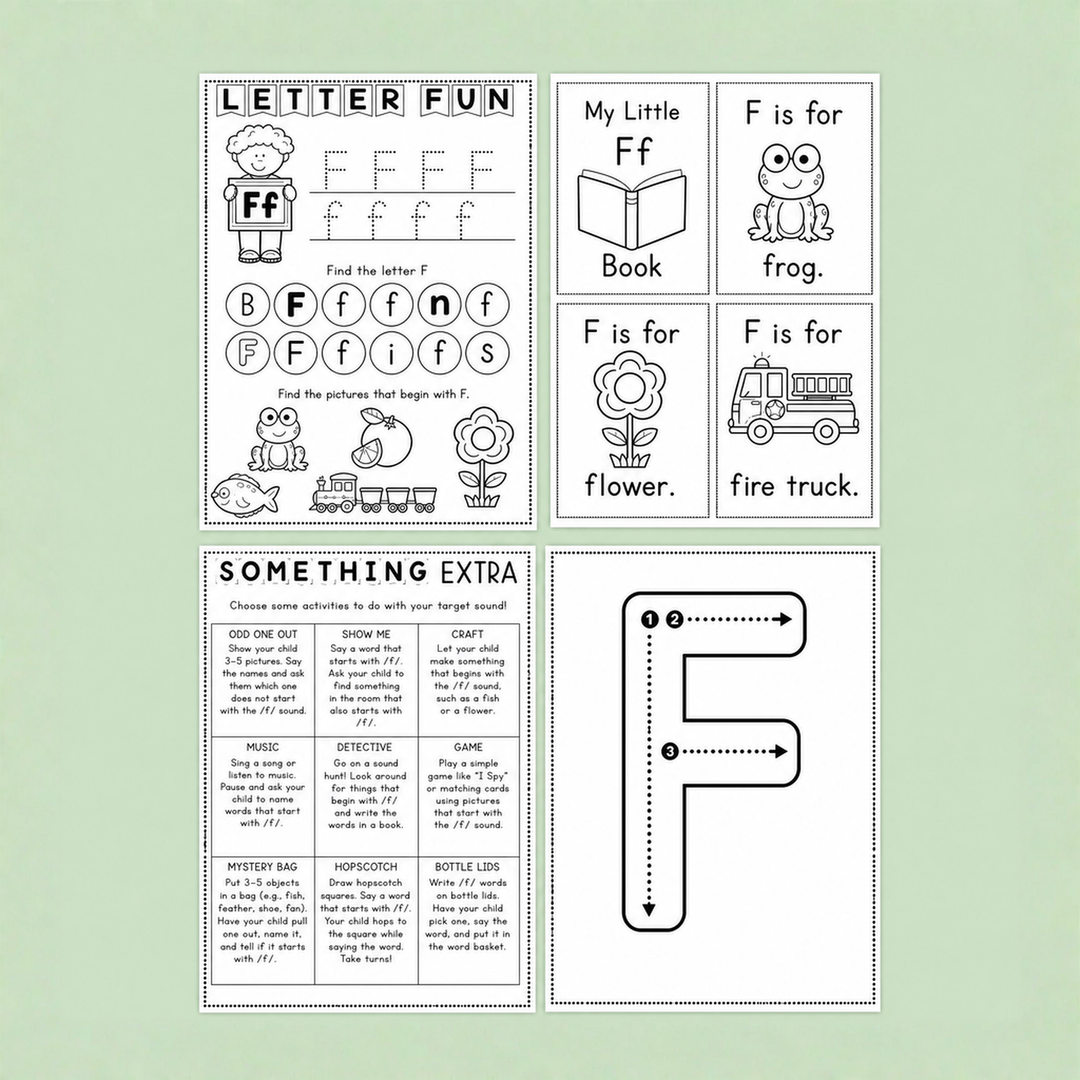 Printable letter F phonics and handwriting activities featuring tracing practice, beginning sound recognition, mini books, vocabulary cards, and extension tasks with words like frog, flower, and fire truck. Ideal for early literacy learning.