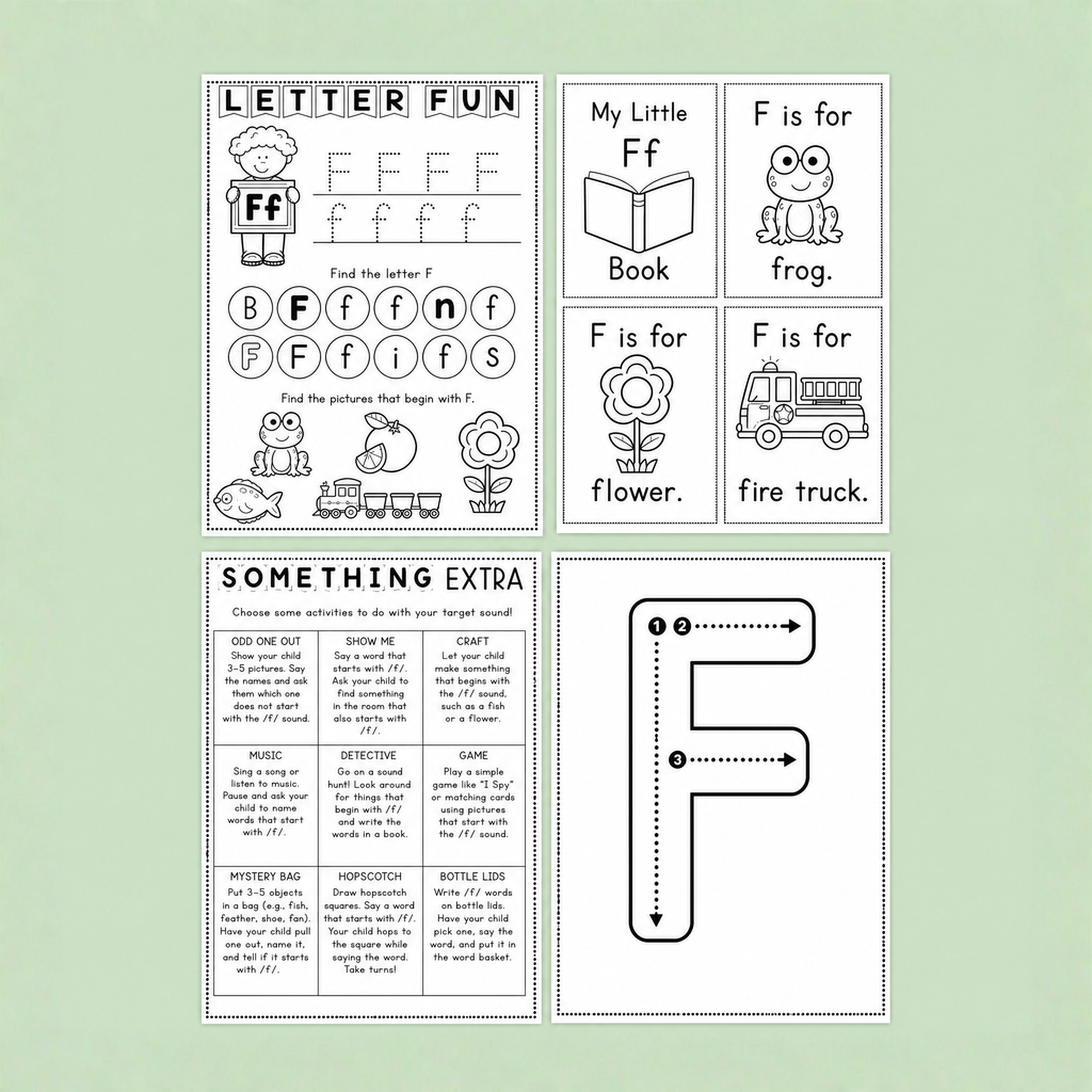 Printable letter F phonics and handwriting activities featuring tracing practice, beginning sound recognition, mini books, vocabulary cards, and extension tasks with words like frog, flower, and fire truck. Ideal for early literacy learning.