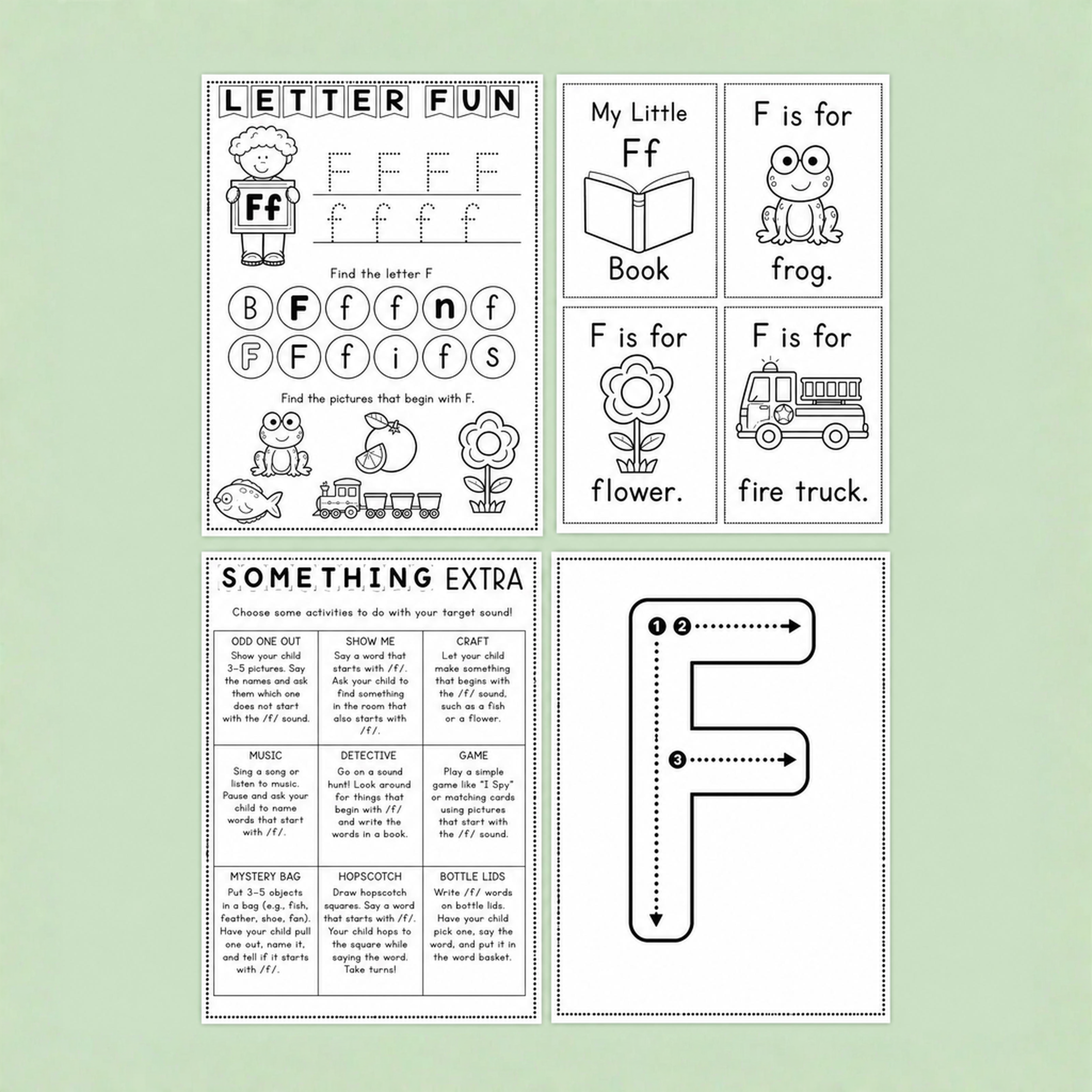 Printable letter F phonics and handwriting activities featuring tracing practice, beginning sound recognition, mini books, vocabulary cards, and extension tasks with words like frog, flower, and fire truck. Ideal for early literacy learning.