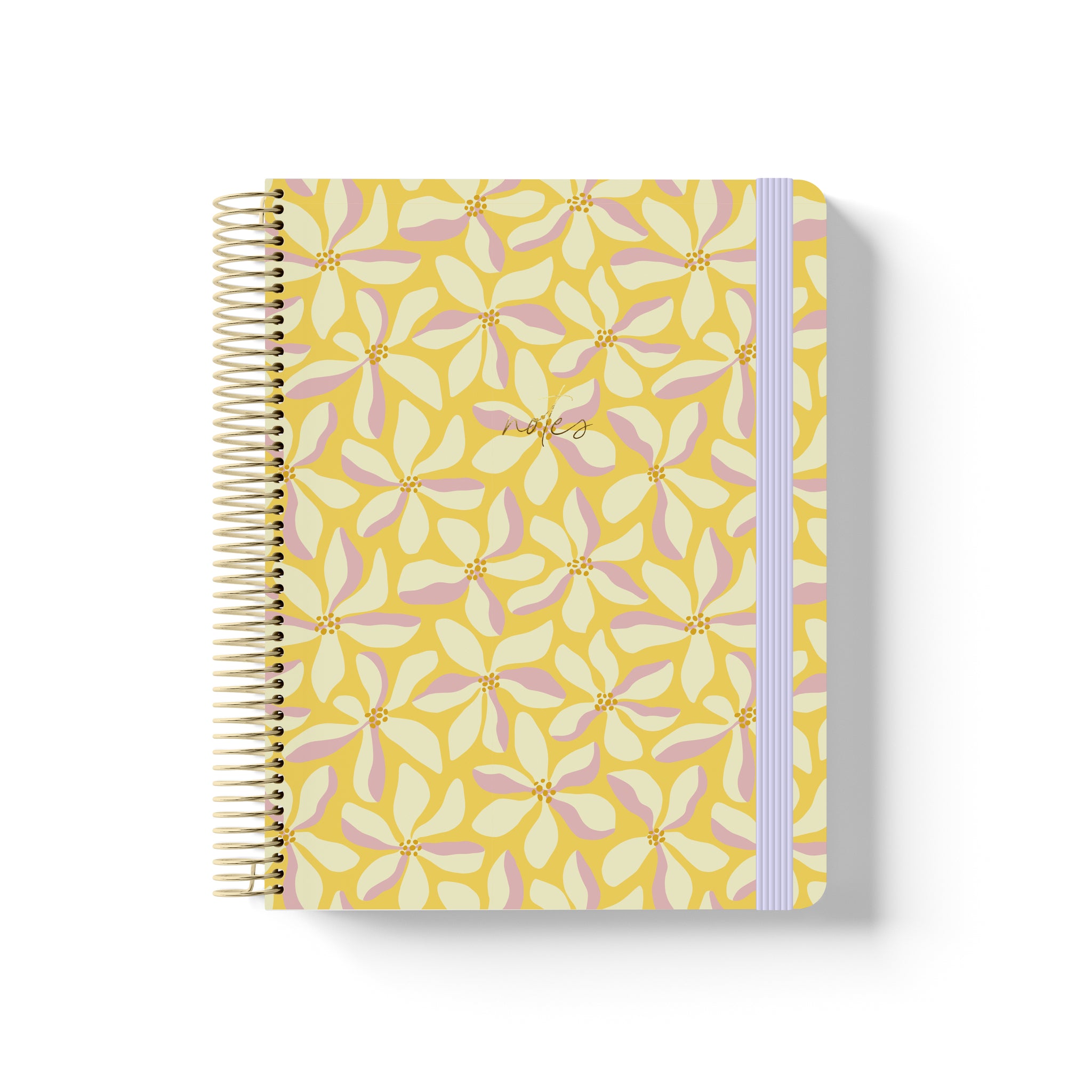 Yellow coiled notebook with gold spiral, floral petal pattern in pink and cream, lavender elastic band, and “notes” in gold script.