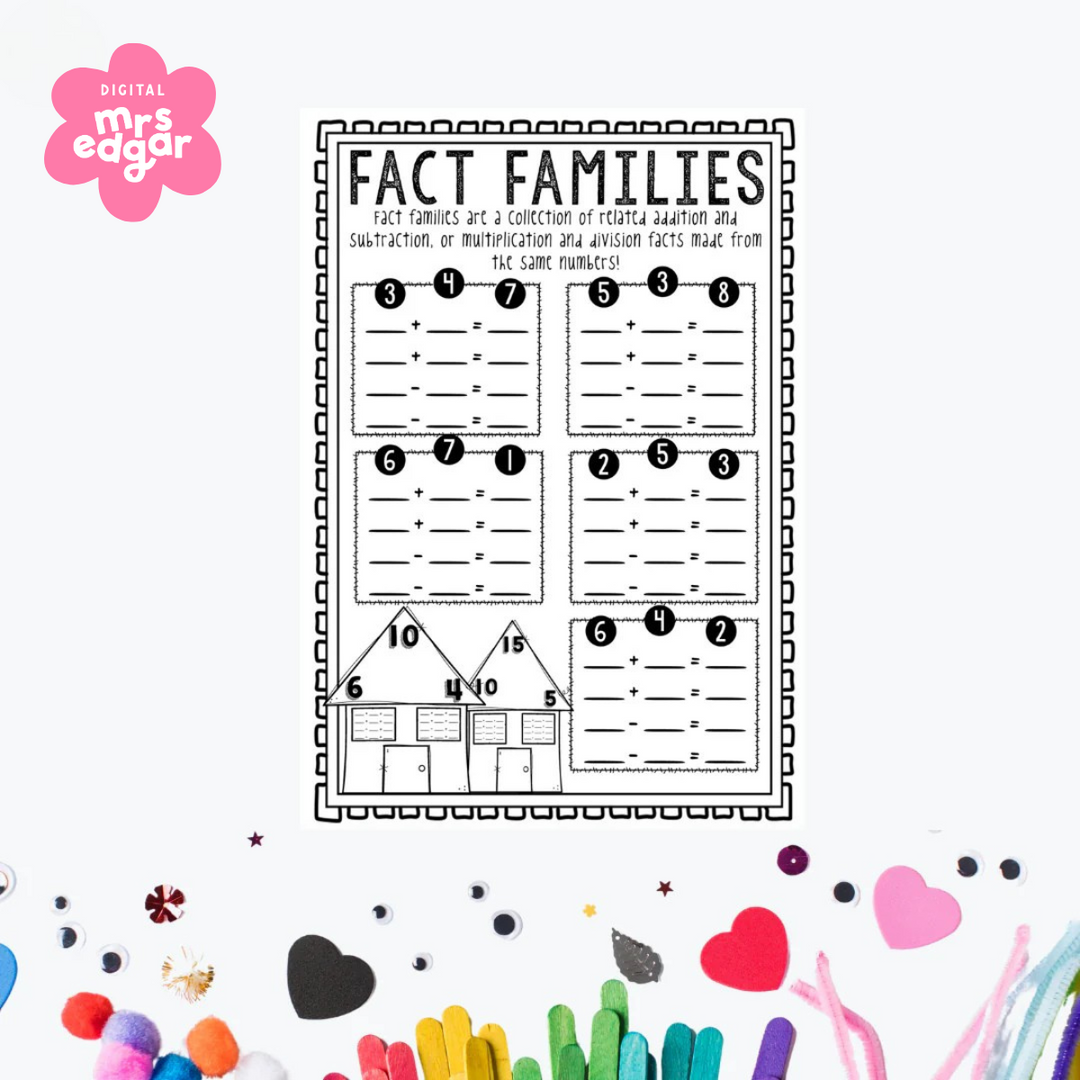 Black-and-white printable worksheet titled 'Fact Families' with sections for addition and subtraction problems using related numbers. The worksheet includes multiple sets of numbers (e.g., 3, 4, 7; 6, 7, 1) and a triangle diagram at the bottom with houses to visualise the relationship between numbers.