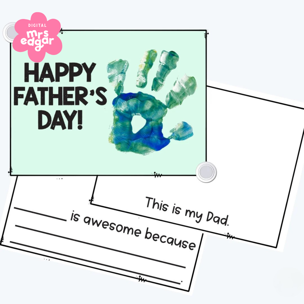 A printable Father's Day activity featuring a handprint craft on the cover and a writing prompt page that says, 'This is my Dad. ___ is awesome because __'.