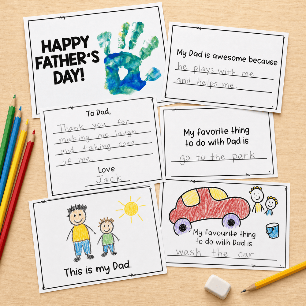 Completed Father's Day booklet with watercolour handprint, child's writing and drawings, coloured pencils on timber.