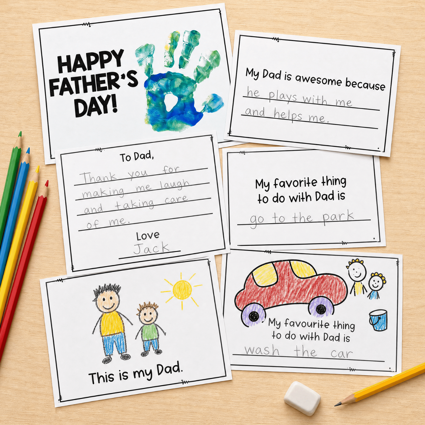 Completed Father's Day booklet with watercolour handprint, child's writing and drawings, coloured pencils on timber.