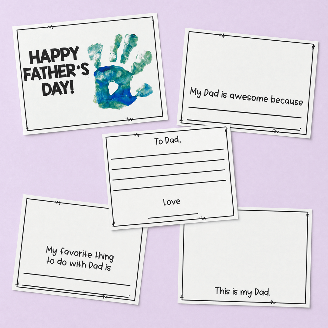 Father's Day booklet template with watercolour handprint cover and blank pages for child's writing about Dad.