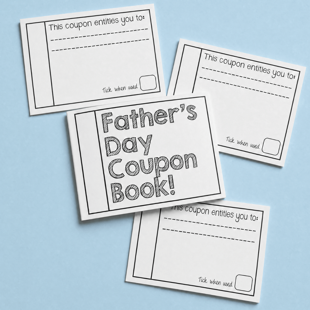 Blank Father's Day coupon book templates with space to write gift offers and tick boxes, on blue background.