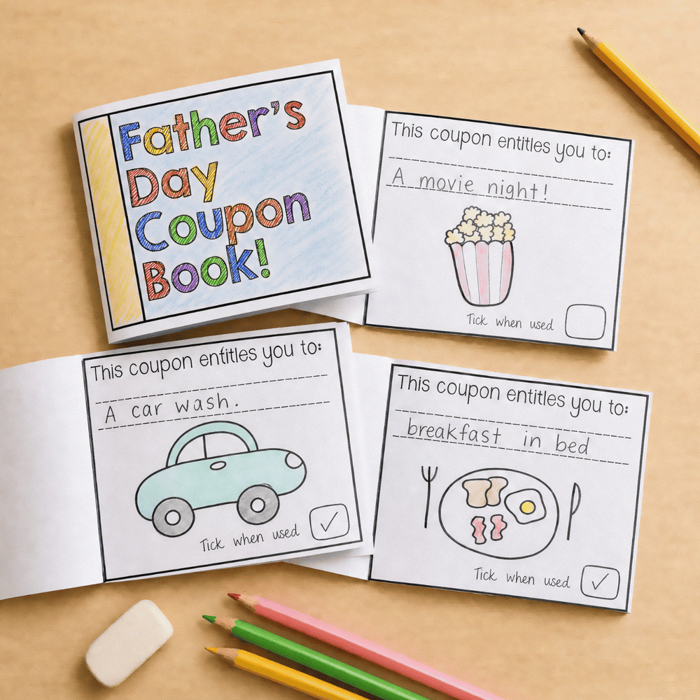 Completed Father's Day coupon book with coloured cover and example coupons: movie night, car wash, breakfast in bed.