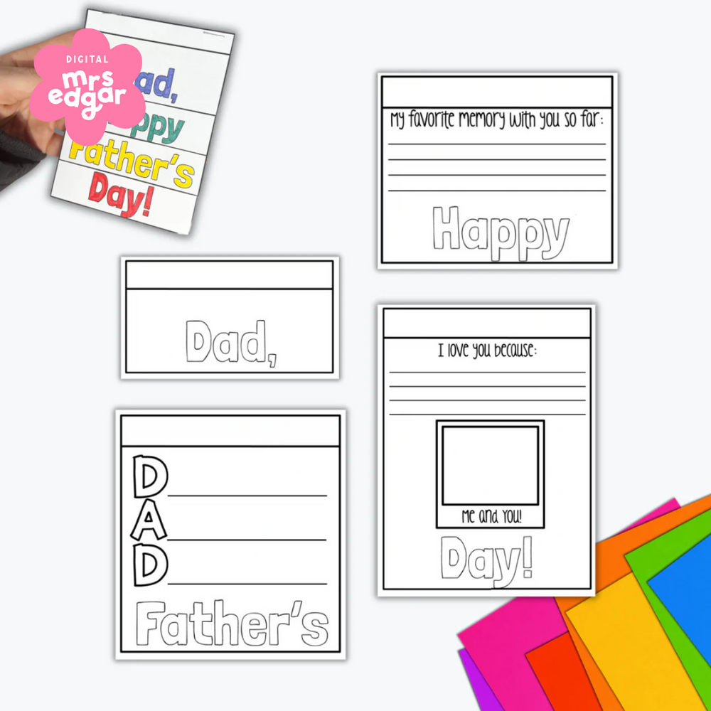 A set of black-and-white printable pages for a Father’s Day flipbook, including prompts such as "My favourite memory with you so far," "I love you because," and a space for a drawing or photo. Colourful construction paper is scattered in the background.