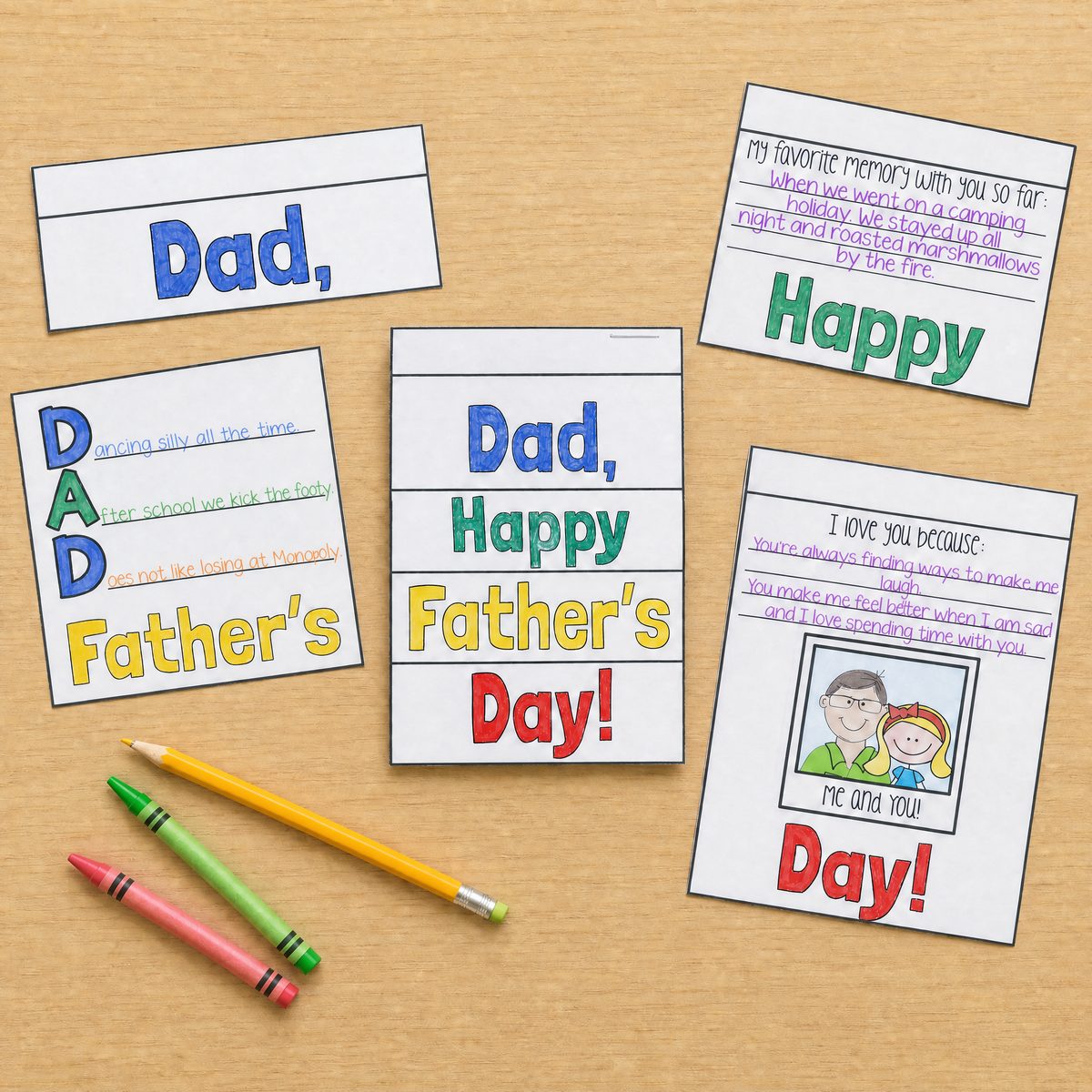Father's Day flip book cards completed with 'Happy Father's Day' title, acrostic poem, and sections for personal messages.