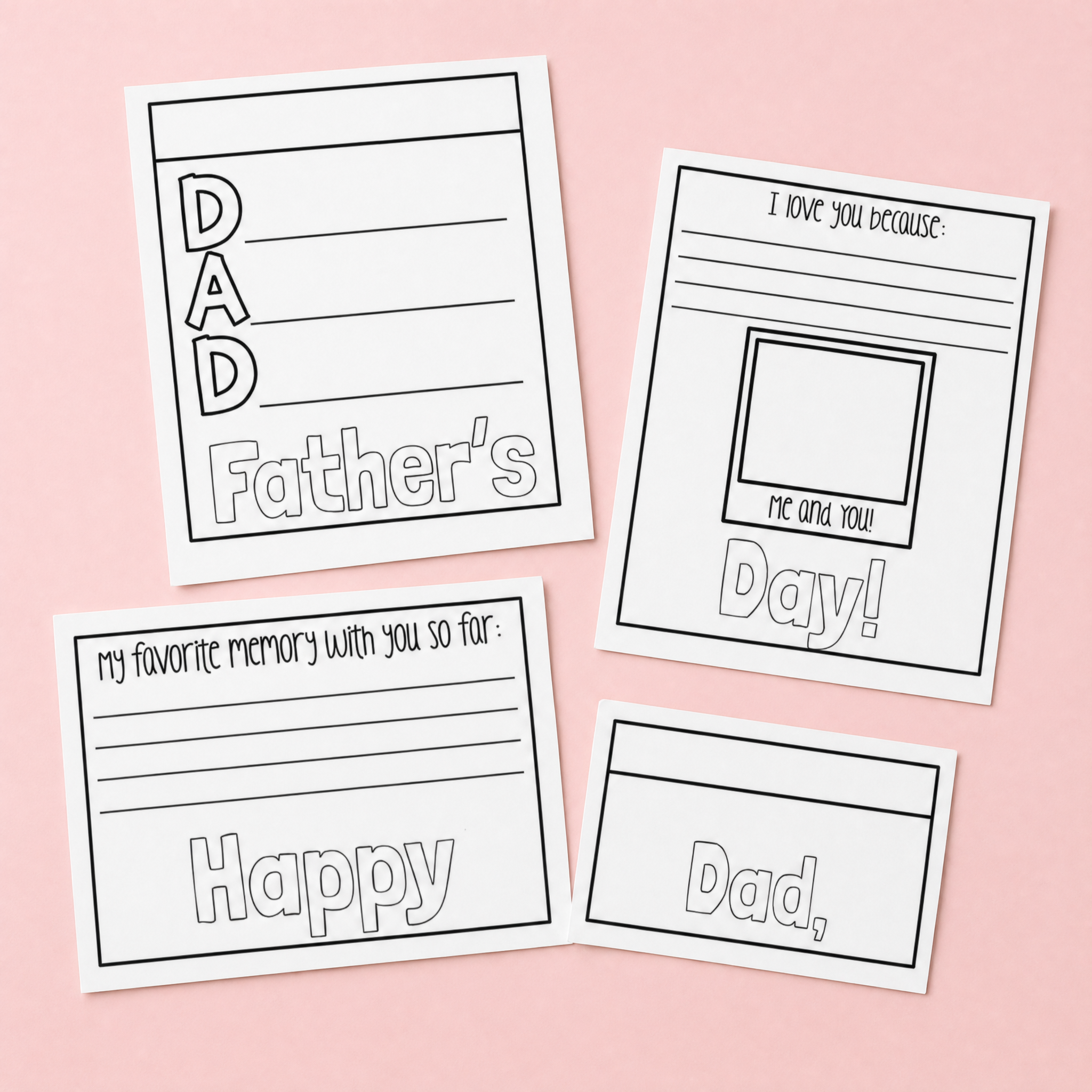 Blank Father's Day flip book templates on pink background with spaces for 'Dad' acrostic and personal messages.