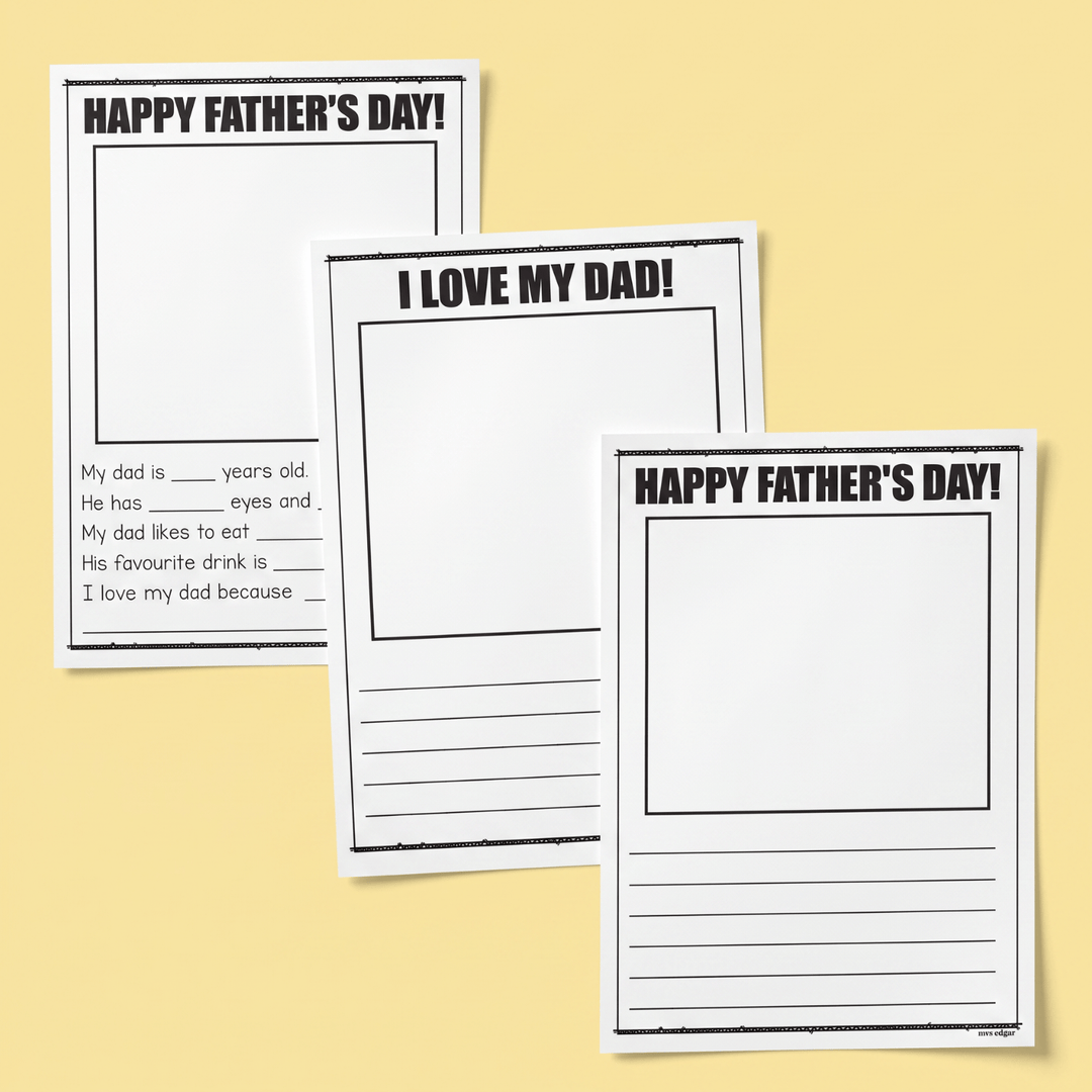 Three blank Father's Day poster templates with space for drawings, written facts about dad, and reasons children love their dad.
