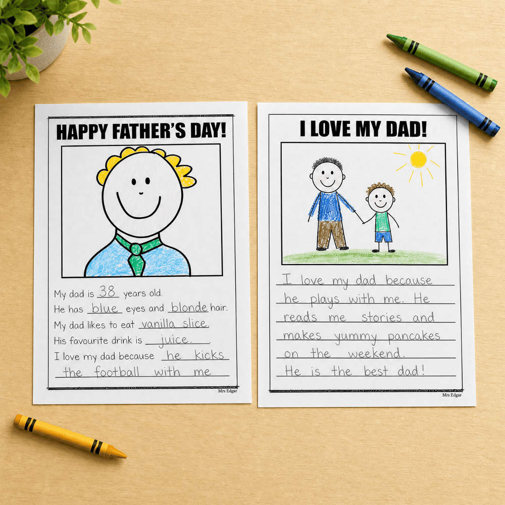 Completed Father's Day posters with child's drawings, written dad facts, and reasons they love their dad, coloured pencils.
