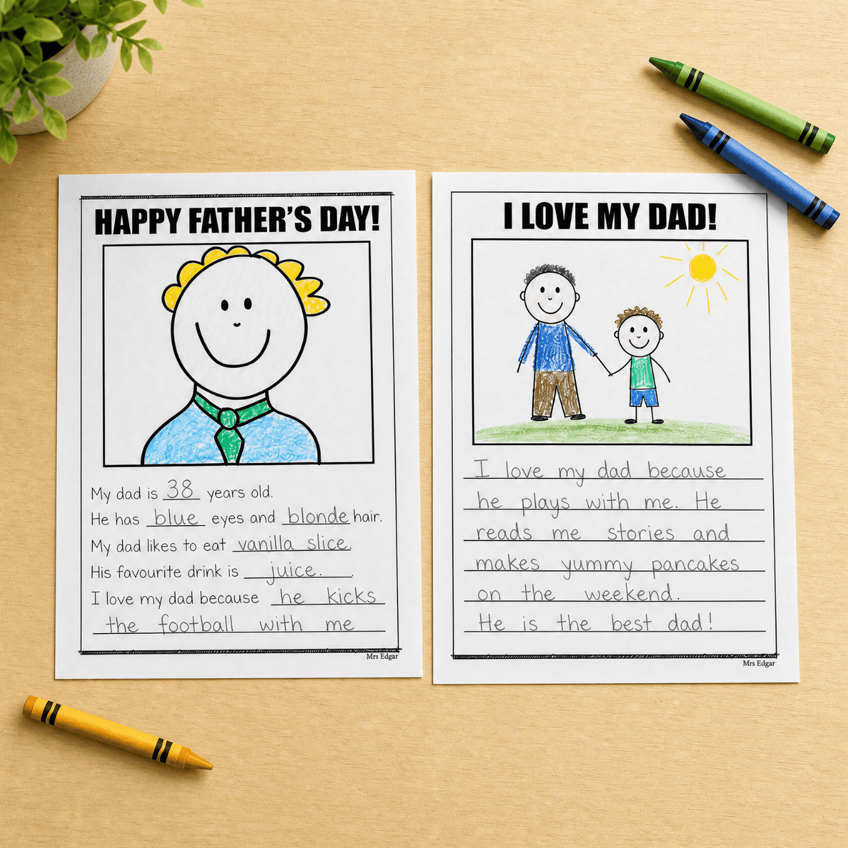Completed Father's Day posters with child's drawings, written dad facts, and reasons they love their dad, coloured pencils.
