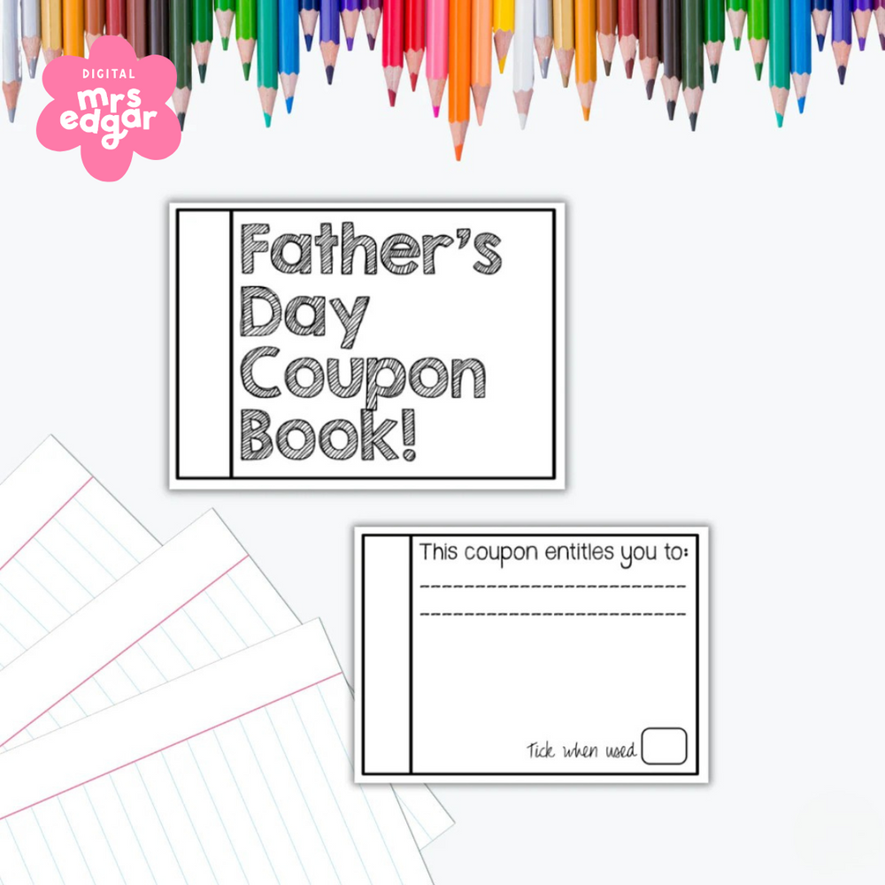 A printable Father's Day coupon book template with a simple black-and-white design. The cover reads "Father’s Day Coupon Book!" and includes a coupon template that allows children to write personalised messages.