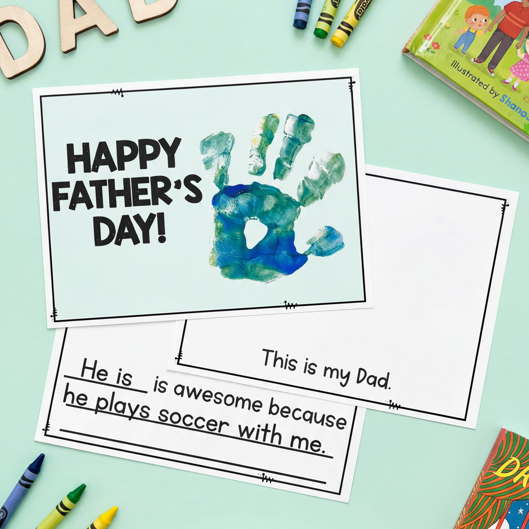 A printable Father's Day activity featuring a handprint craft on the cover and a writing prompt page that says, 'This is my Dad. ___ is awesome because __'.