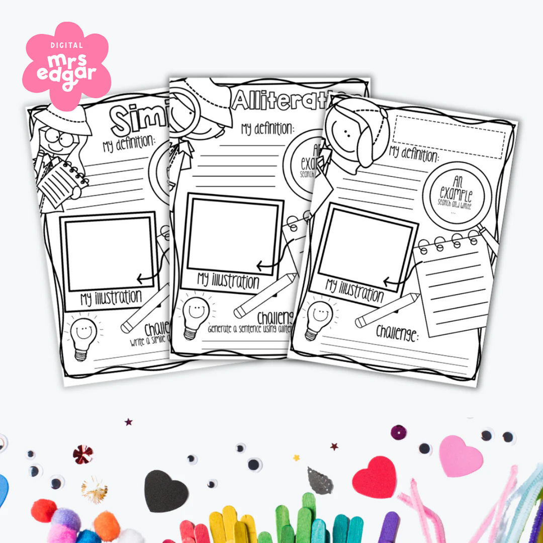 Three black and white figurative language worksheets for simile, alliteration, and onomatopoeia, displayed with colourful craft materials such as crayons, googly eyes, and popsicle sticks.