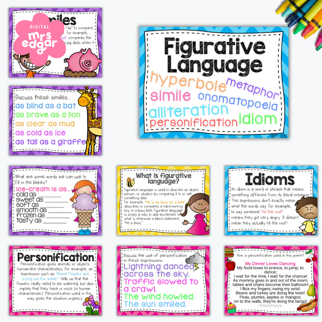 A collection of figurative language resources, including a central word cloud poster with terms like "hyperbole," "metaphor," and "simile," surrounded by detailed task cards explaining idioms, personification, and alliteration.