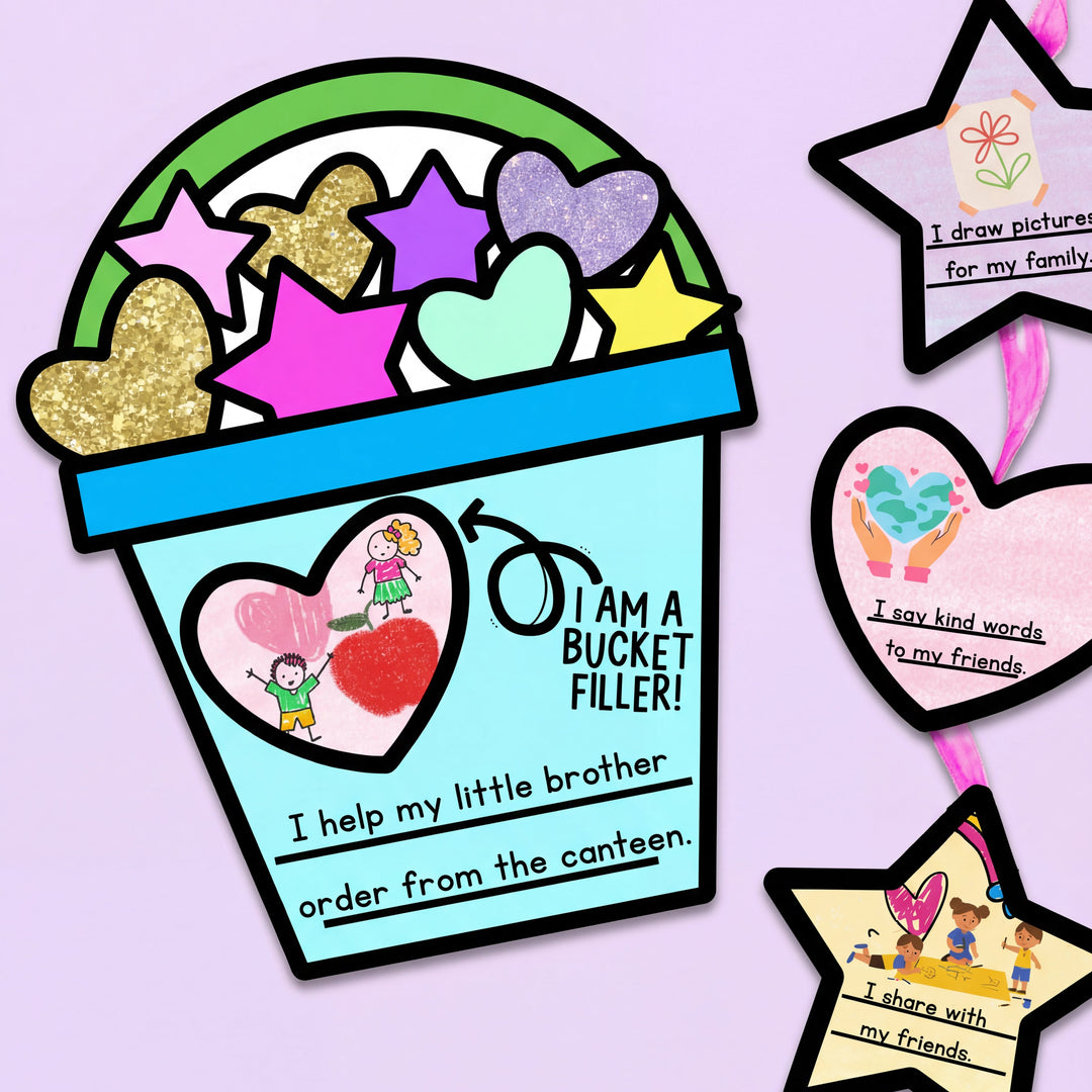 Two colourful 'Bucket Filler' craft displays hang on a rope, decorated with hearts and stars. The buckets include positive affirmations like 'I help pick up rubbish' and 'I help my little brother order from the canteen,' with connected stars containing kindness-themed messages.