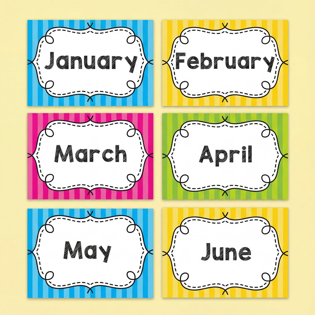 Bright classroom month cards displaying January through June in bold black text on decorative white labels with colourful striped backgrounds in blue, yellow, pink, and green.