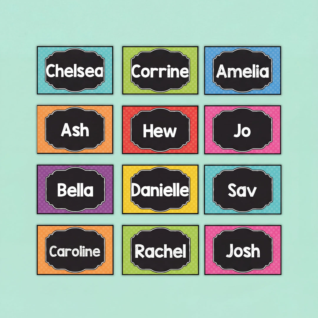 A collection of vibrant name tags featuring student names in bold white text on black chalkboard-style labels with colourful polka-dot borders.