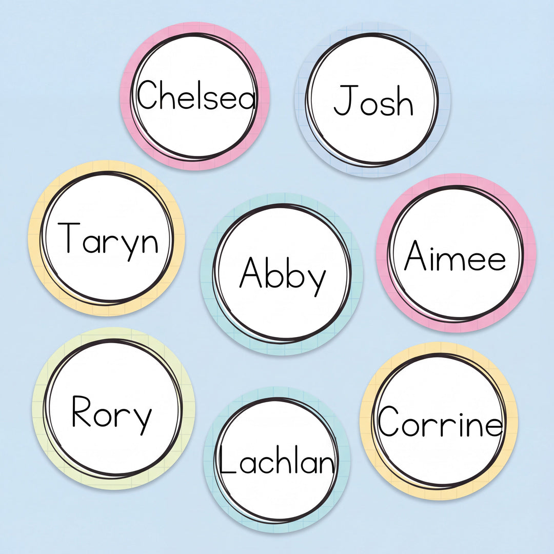 Pastel circular classroom name tags featuring student names in a clean font, designed for desk labels, lockers, or classroom organisation.