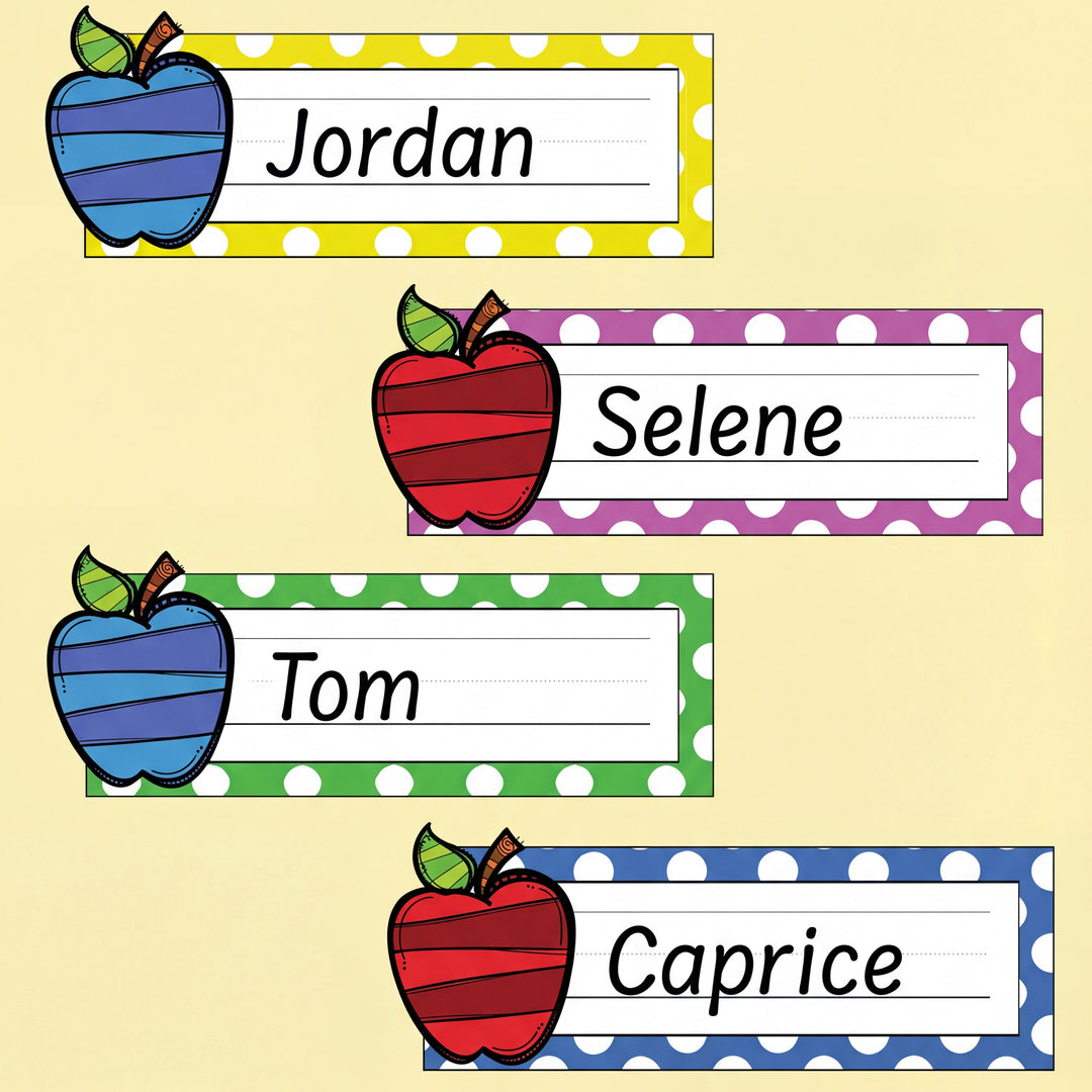 Colourful classroom name tags with polka dot borders and apple illustrations, displaying student names Jordan, Selene, Tom, and Caprice in large handwritten-style text.