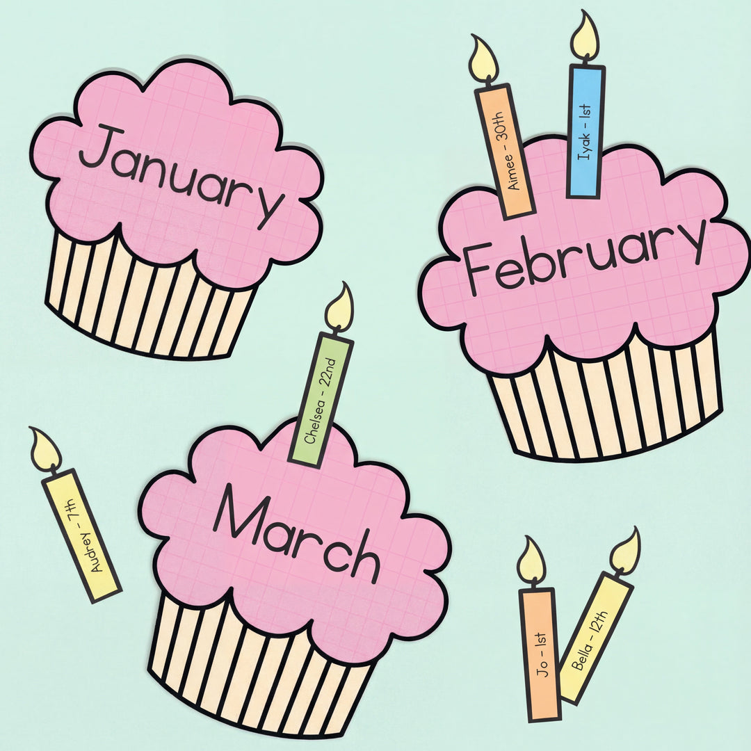 Three pink Birthday Cupcake Posters with candles for student names and birthdates, each cupcake showing a different month.