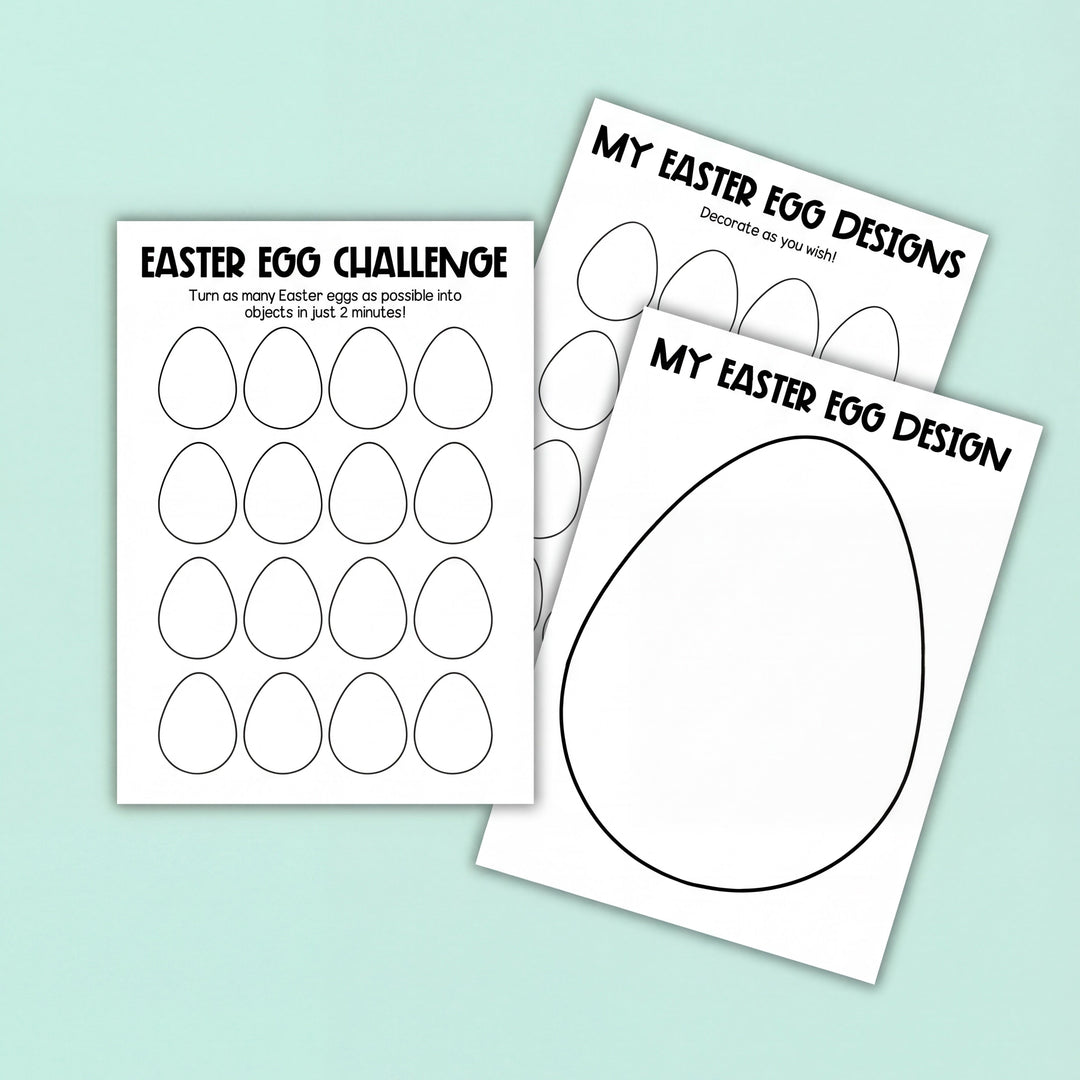 Three Easter-themed worksheets on a light blue background