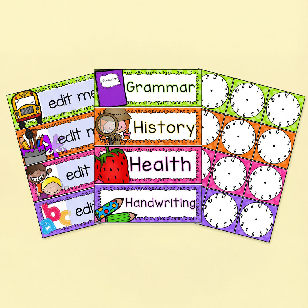 Editable classroom schedule cards arranged to showcase organised daily routines, featuring colourful designs for easy visual planning.