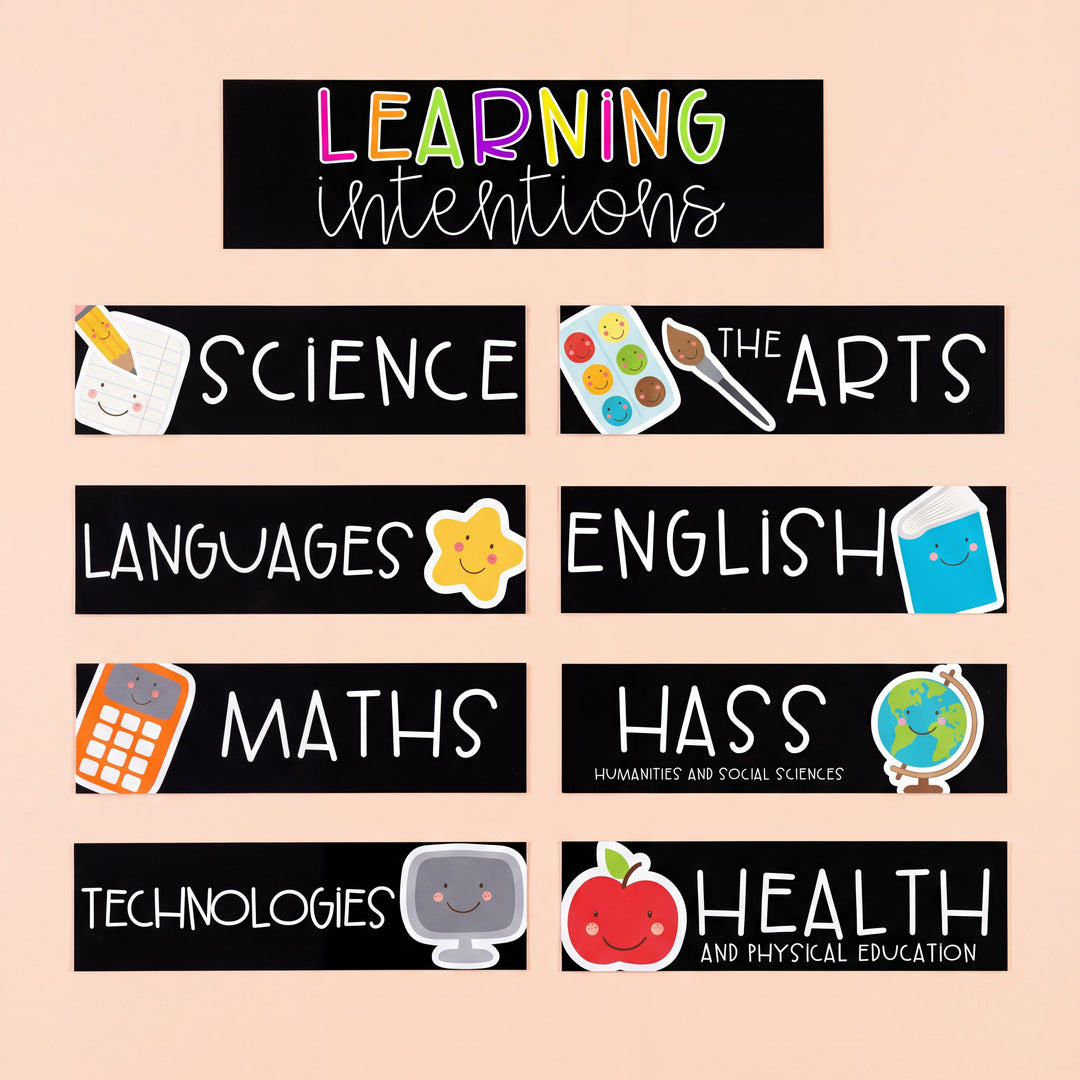 Colourful classroom learning intention headers and subject labels featuring subjects including science, the arts, languages, English, maths, HASS, technologies, and health with cute illustrated icons on black backgrounds.

