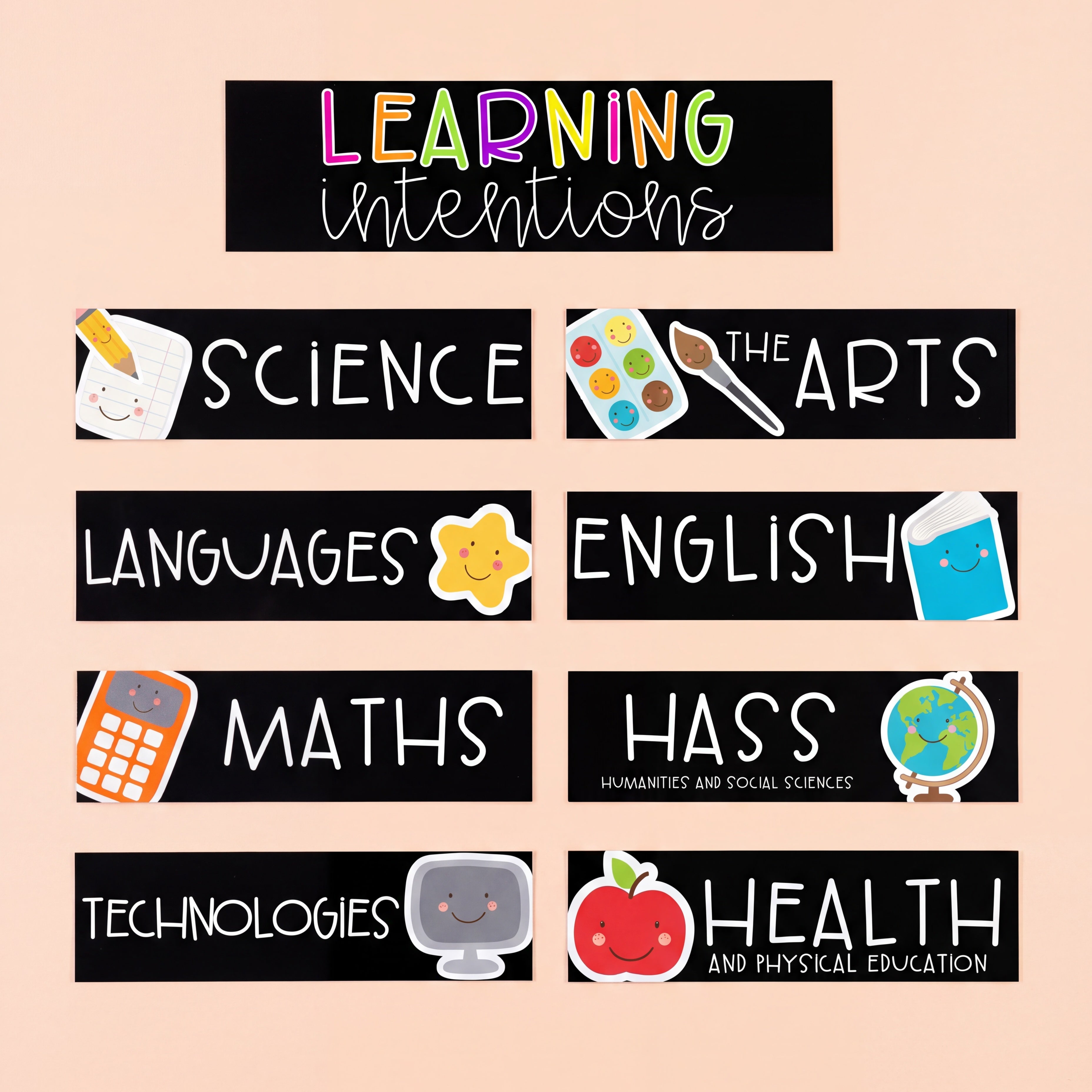 Colourful classroom learning intention headers and subject labels featuring subjects including science, the arts, languages, English, maths, HASS, technologies, and health with cute illustrated icons on black backgrounds.
