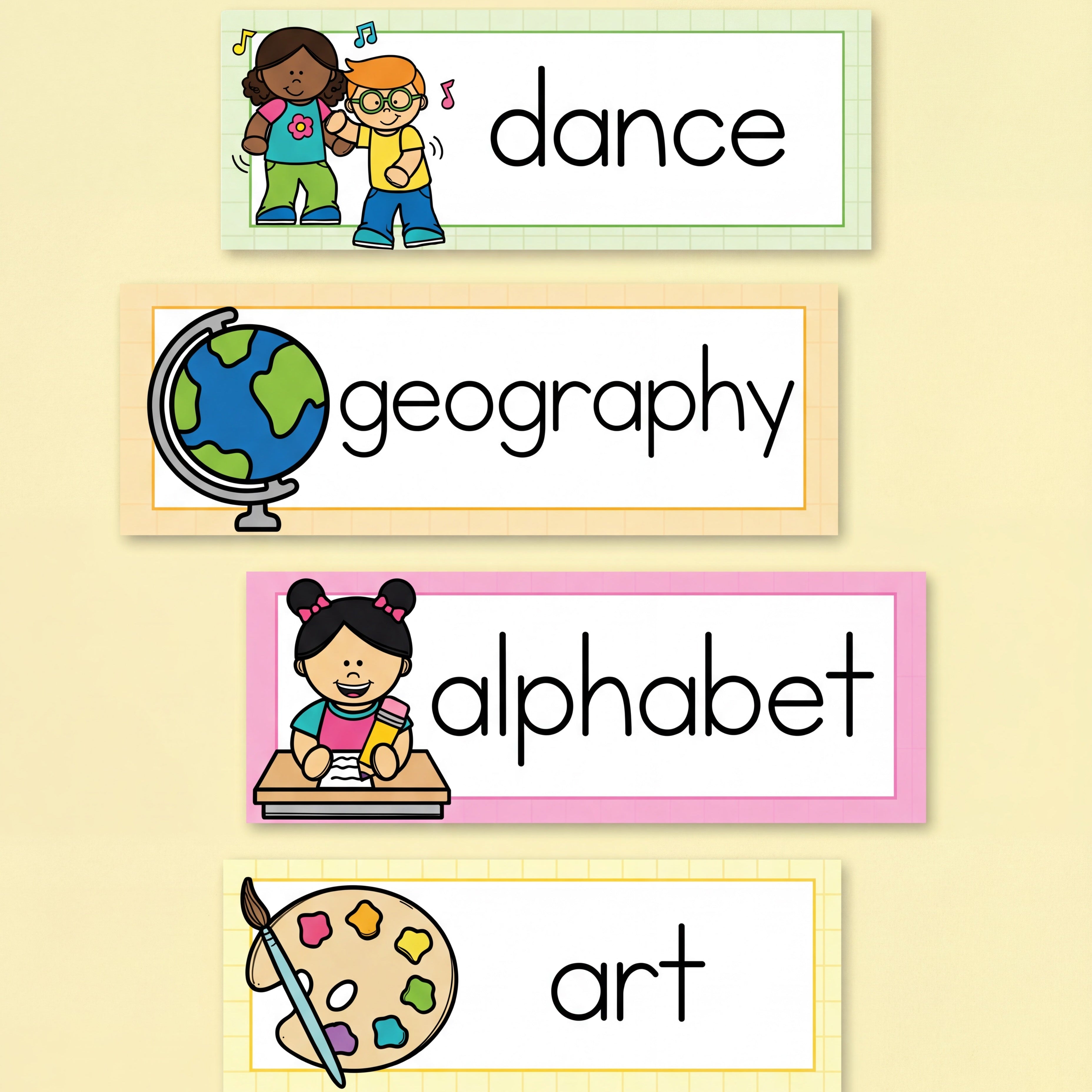 Customisable Gentle Themed Schedule Cards for classroom routines, displayed on a white background, featuring 'dance, geography, alphabet and art cards. Designed for organised and visually appealing class management.