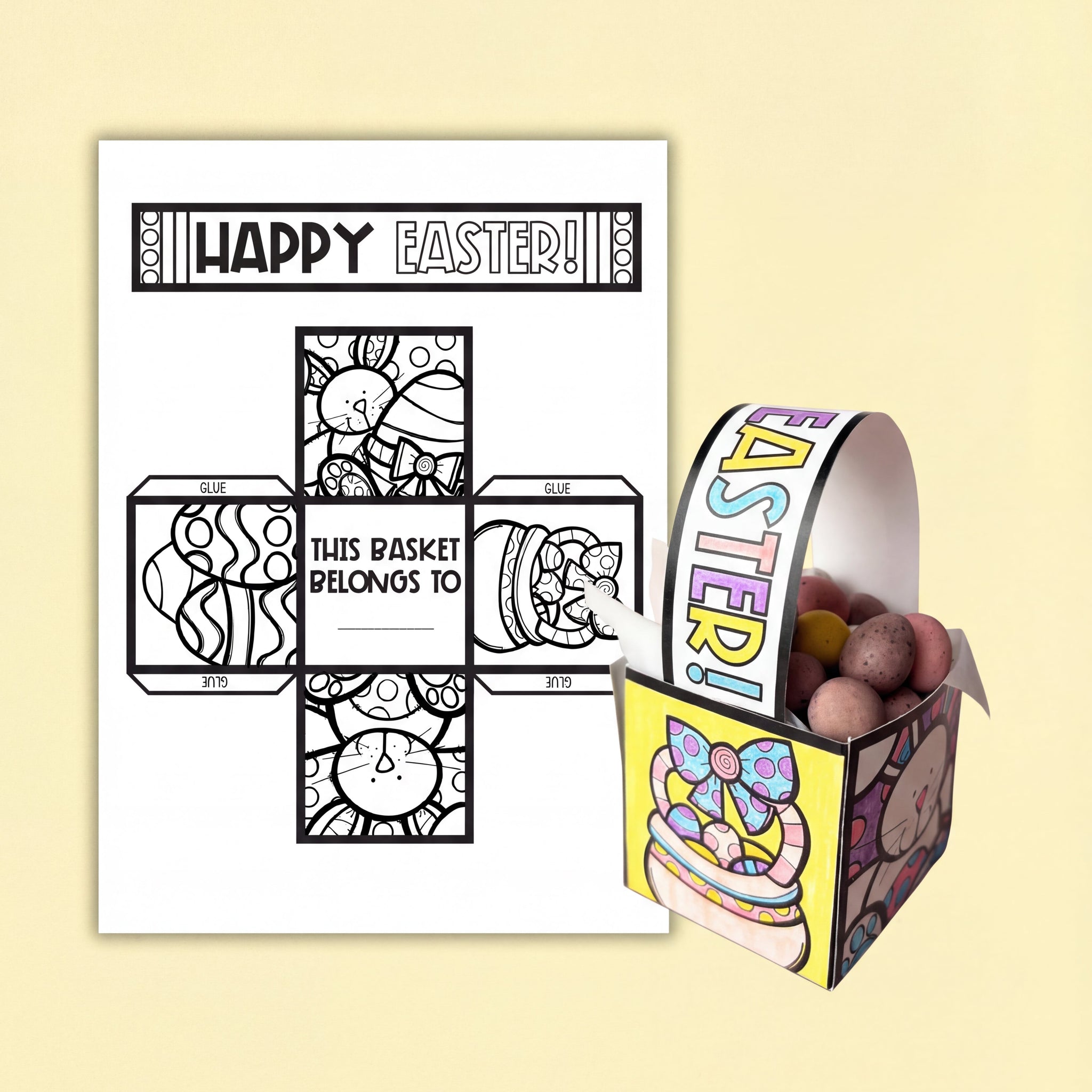 Colorable Easter basket template with a completed basket filled with small toys on a light yellow background.