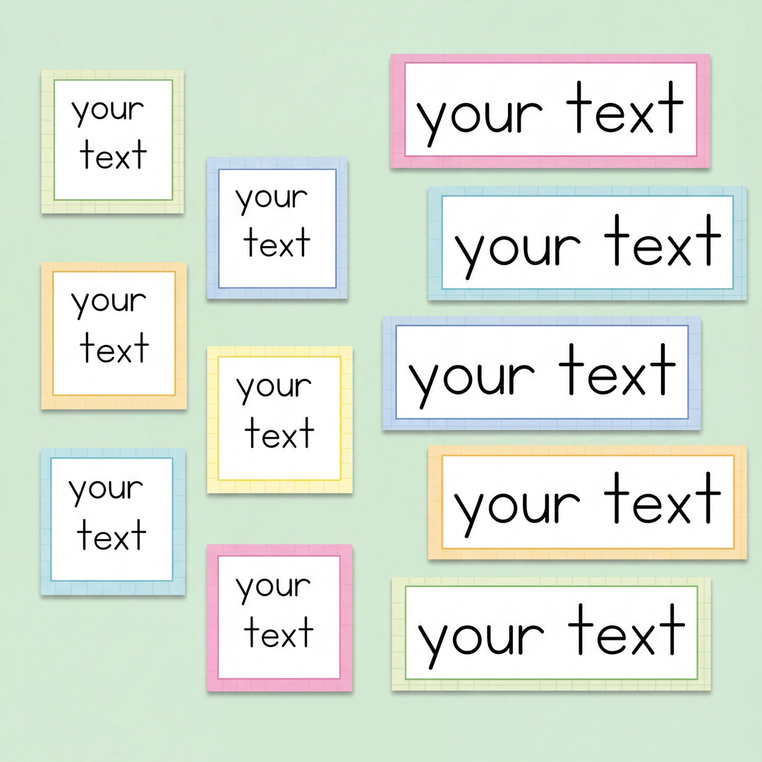 Pastel classroom labels in assorted sizes and colours featuring editable “your text” placeholders, designed for classroom organisation and display.