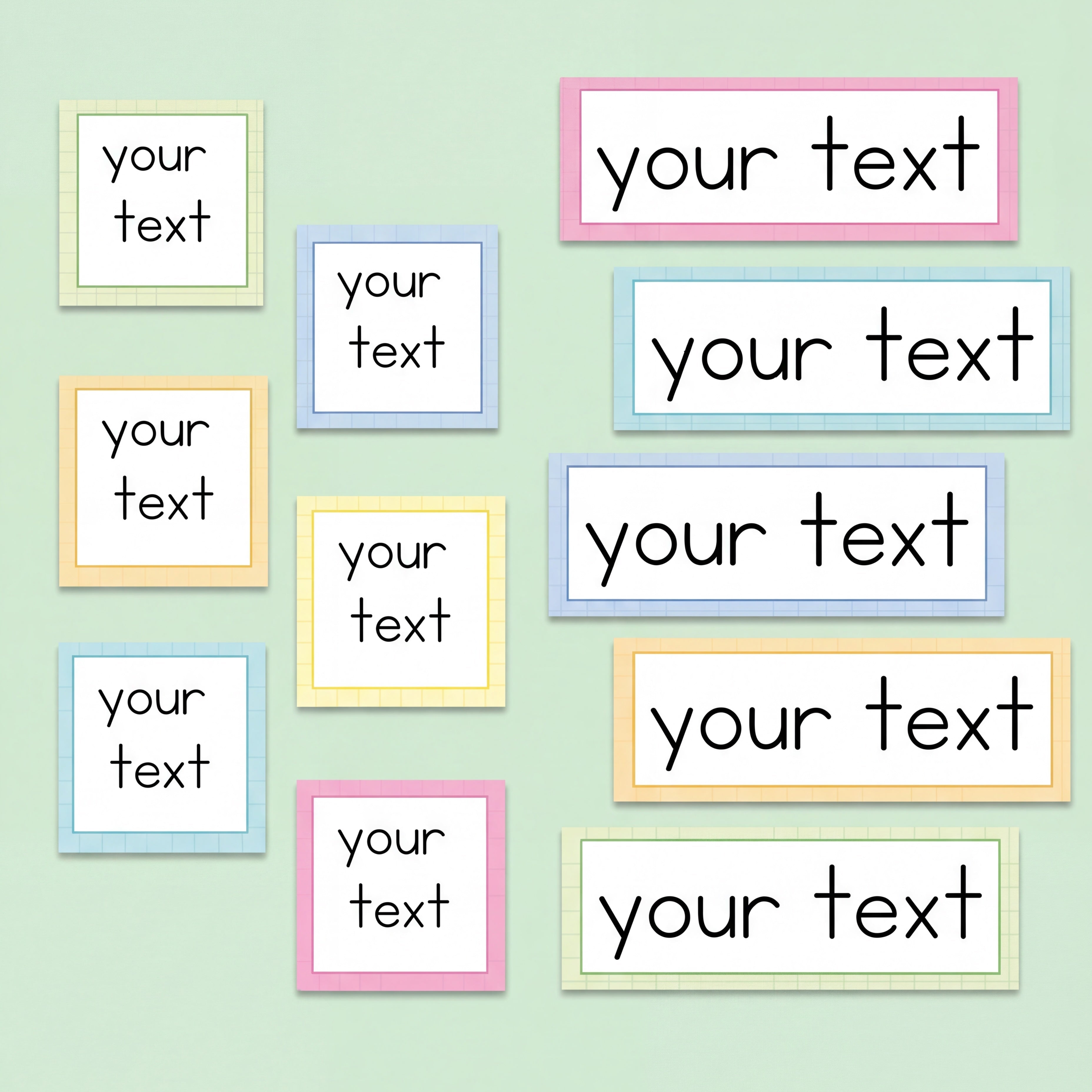 Pastel classroom labels in assorted sizes and colours featuring editable “your text” placeholders, designed for classroom organisation and display.