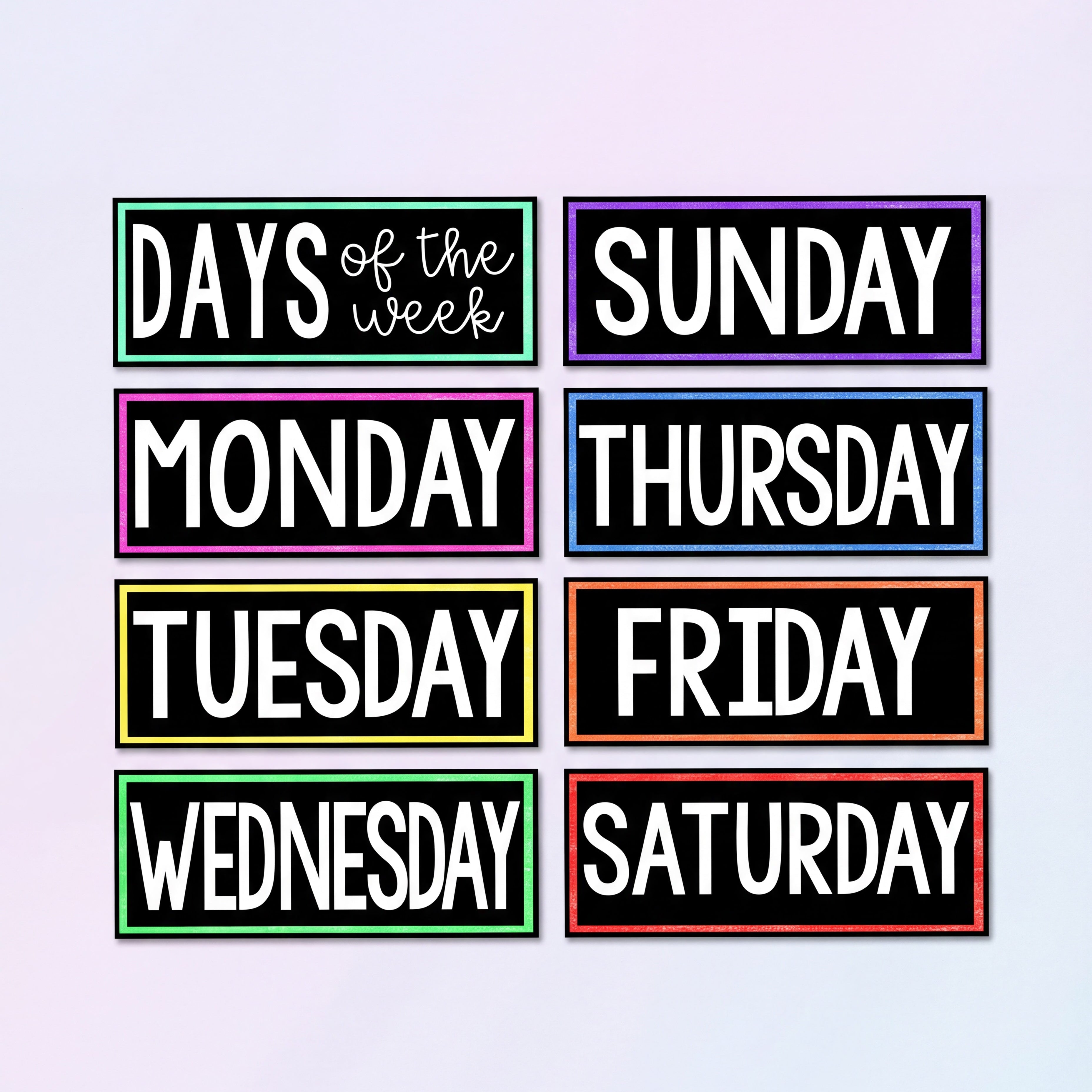 Bright classroom display cards featuring the days of the week in bold white text on black backgrounds with colourful borders, including Sunday through Saturday.