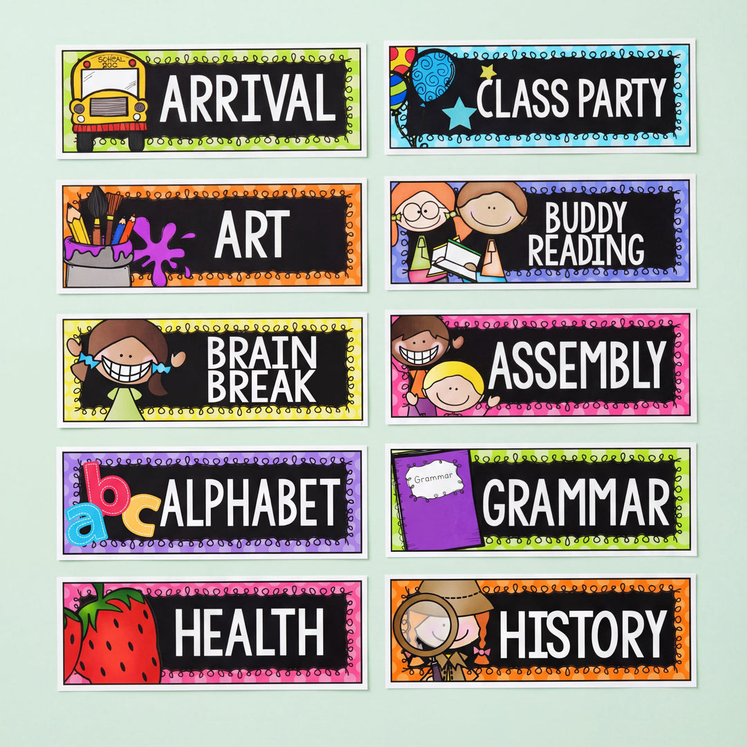Bright classroom schedule cards with colourful illustrations and activity labels including arrival, class party, art, buddy reading, brain break, assembly, alphabet, grammar, health, and history.
