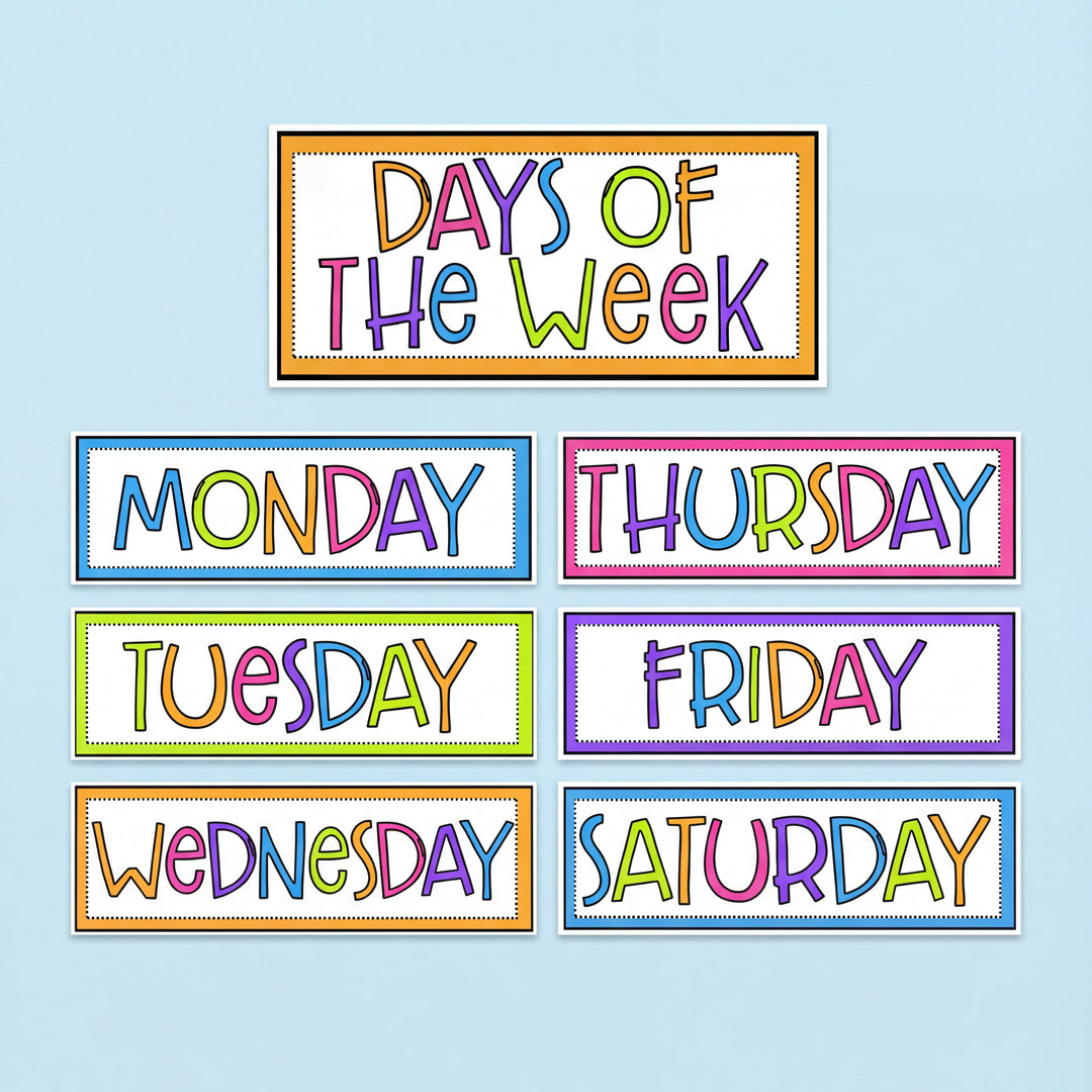 Colourful Days of the Week charts featuring the days Monday through Saturday, each in a unique rainbow design, with a title card reading 'Days of the Week.