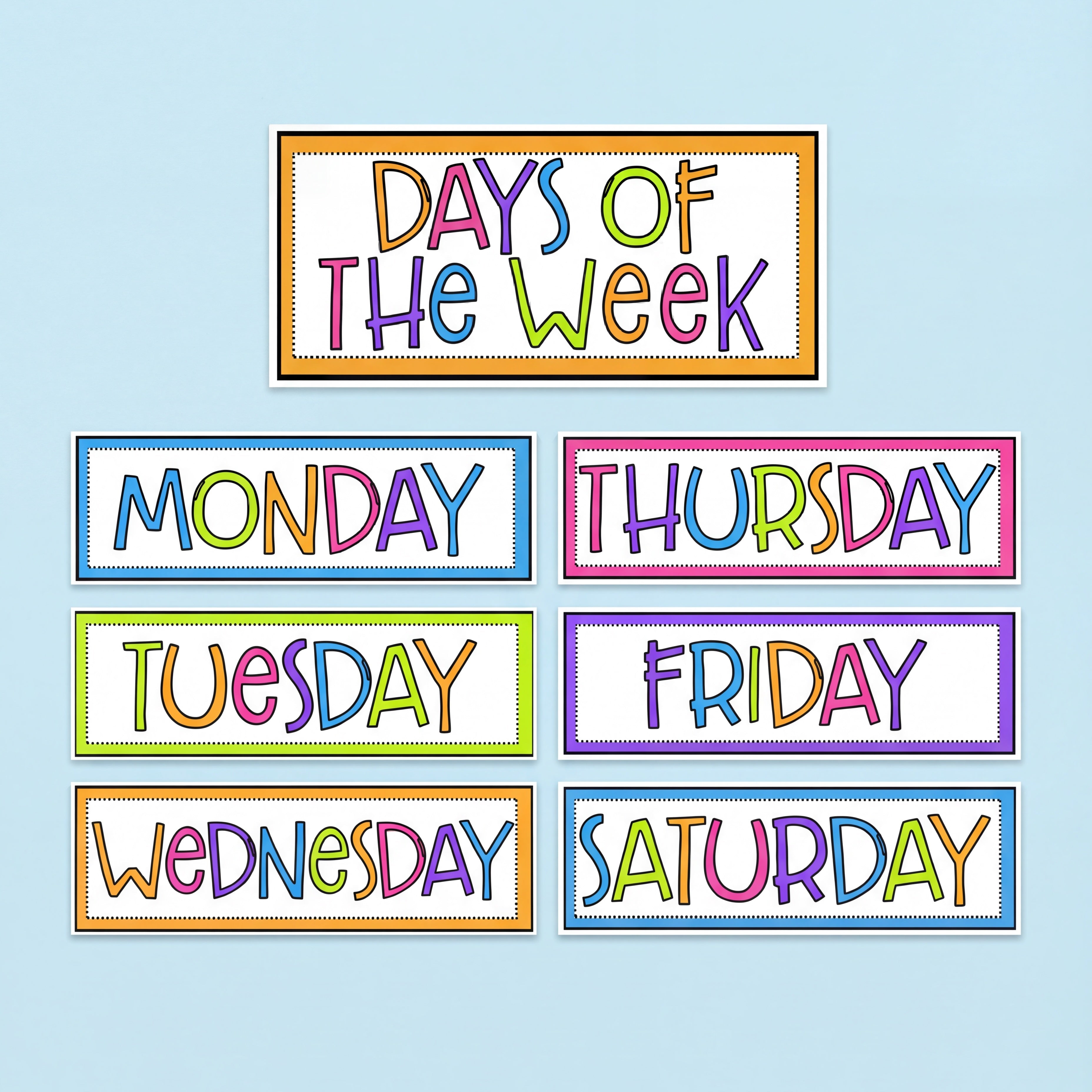 Colourful Days of the Week charts featuring the days Monday through Saturday, each in a unique rainbow design, with a title card reading 'Days of the Week.