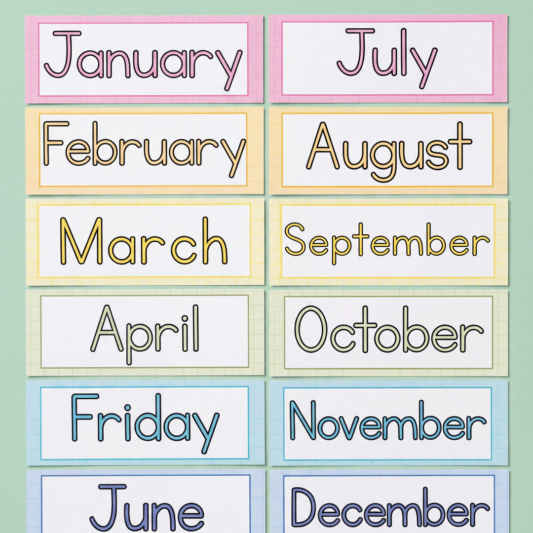 Colourful 'Months of the Year' labels featuring each month in a distinct bright shade, arranged in a visually engaging display for classroom decor.