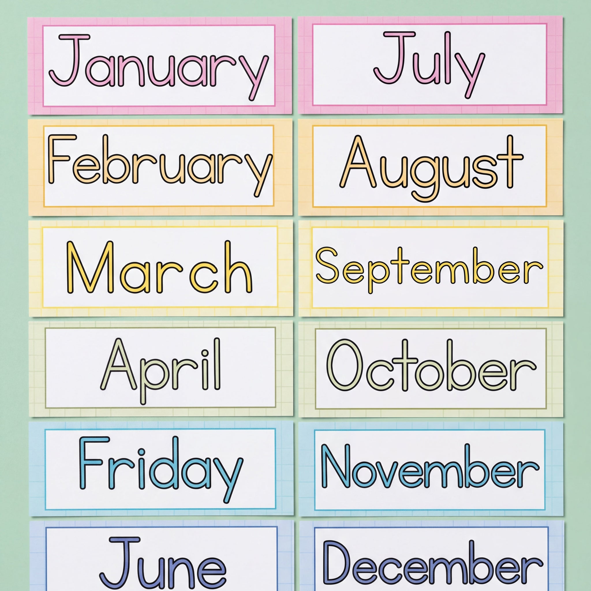 Colourful 'Months of the Year' labels featuring each month in a distinct bright shade, arranged in a visually engaging display for classroom decor.