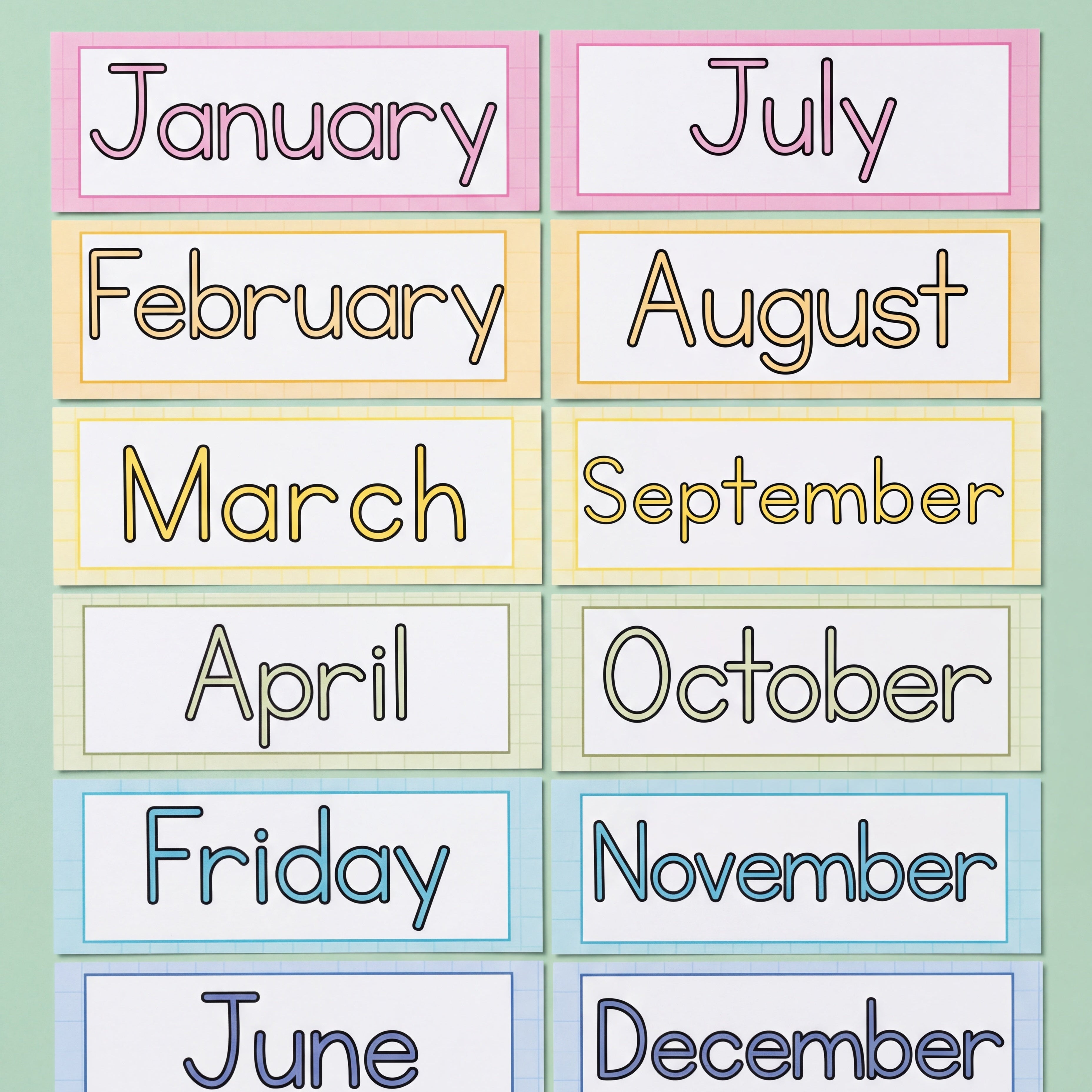 Colourful 'Months of the Year' labels featuring each month in a distinct bright shade, arranged in a visually engaging display for classroom decor.