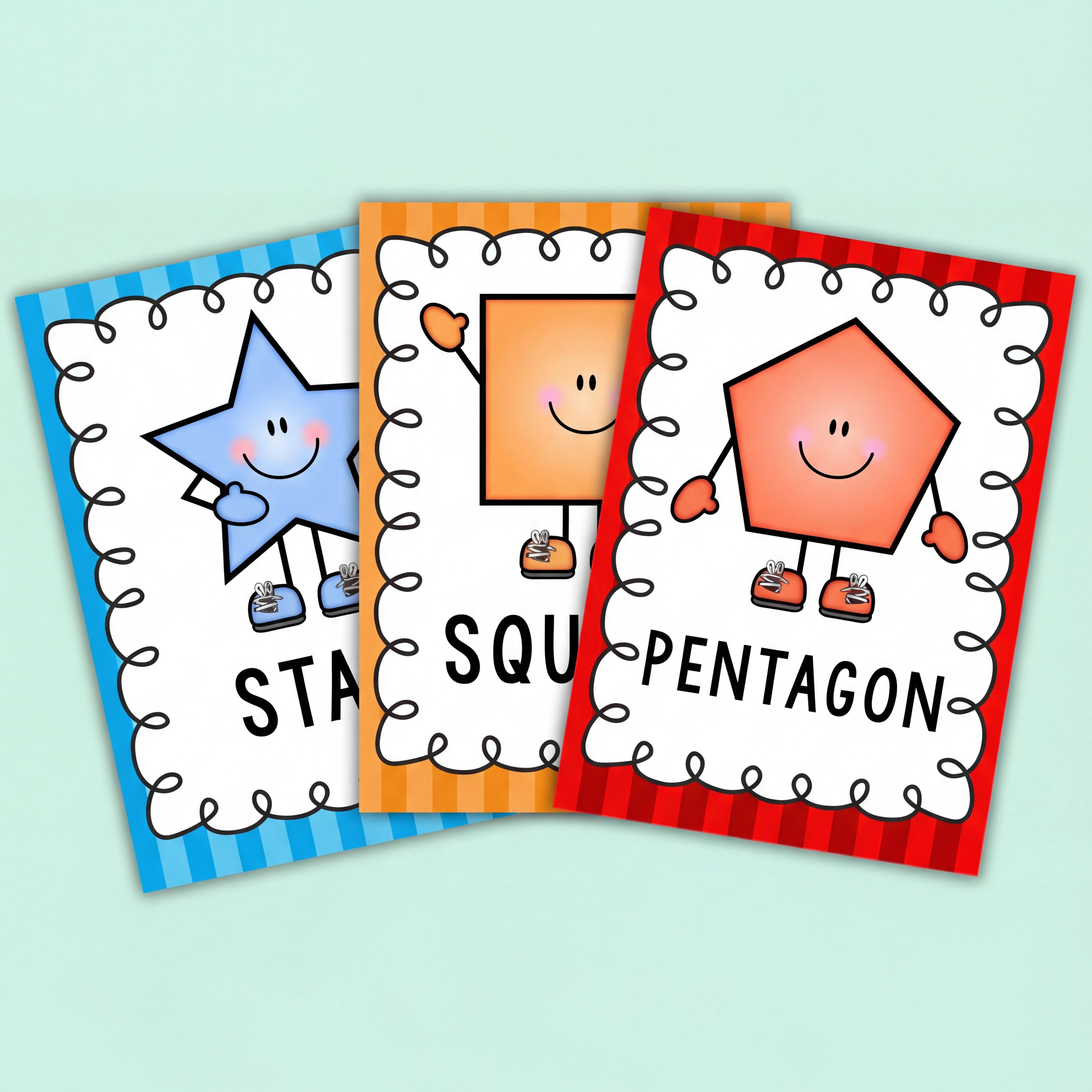 Three bright, cartoon-style shape posters featuring smiling shapes with arms and legs. Displayed on white background with other craft items.