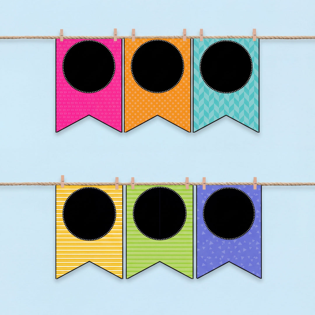Colourful classroom banner pennants in bright patterned designs with circular black chalkboard-style spaces, perfect for custom classroom displays or labels.