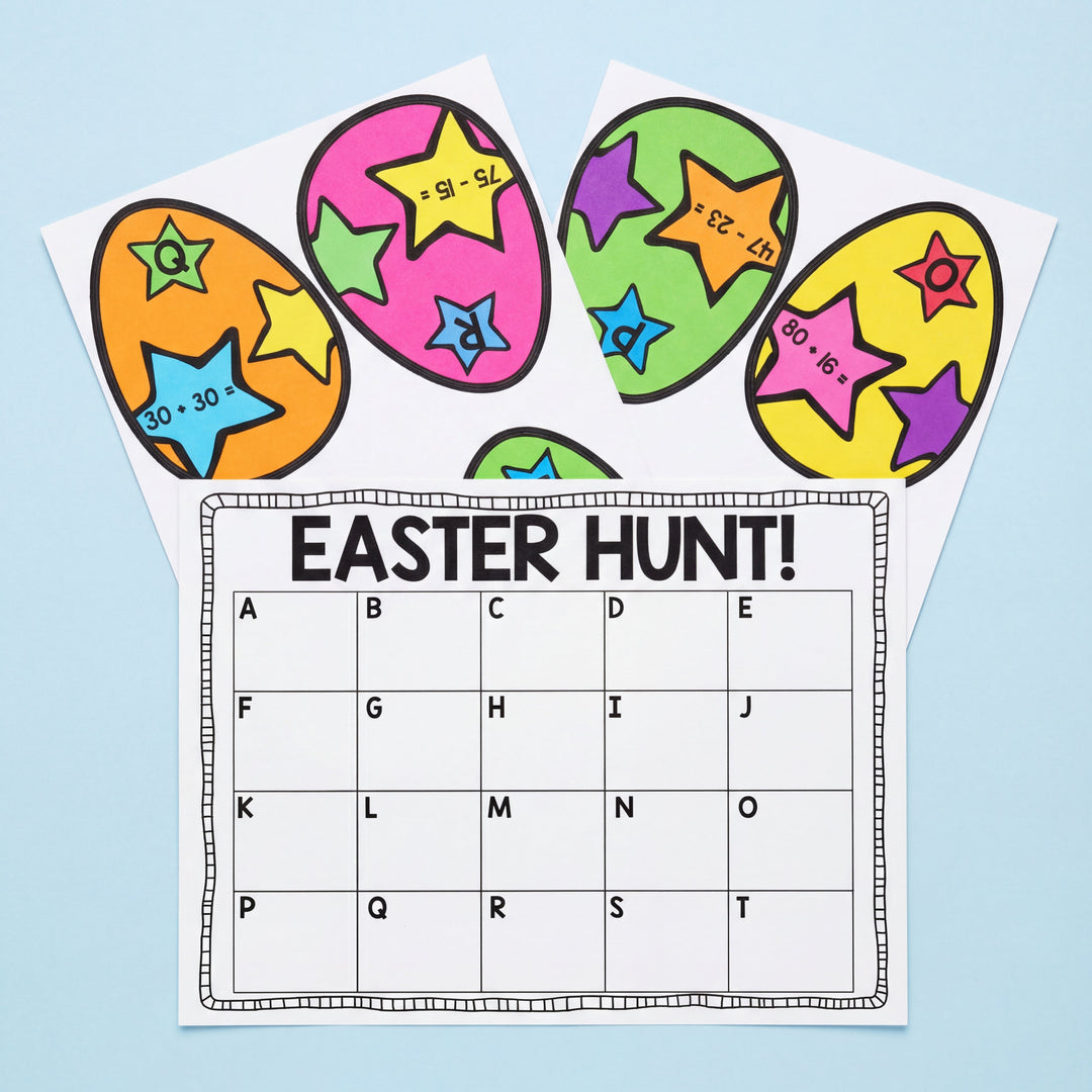 Easter hunt game with colorful eggs and a grid on a light blue background